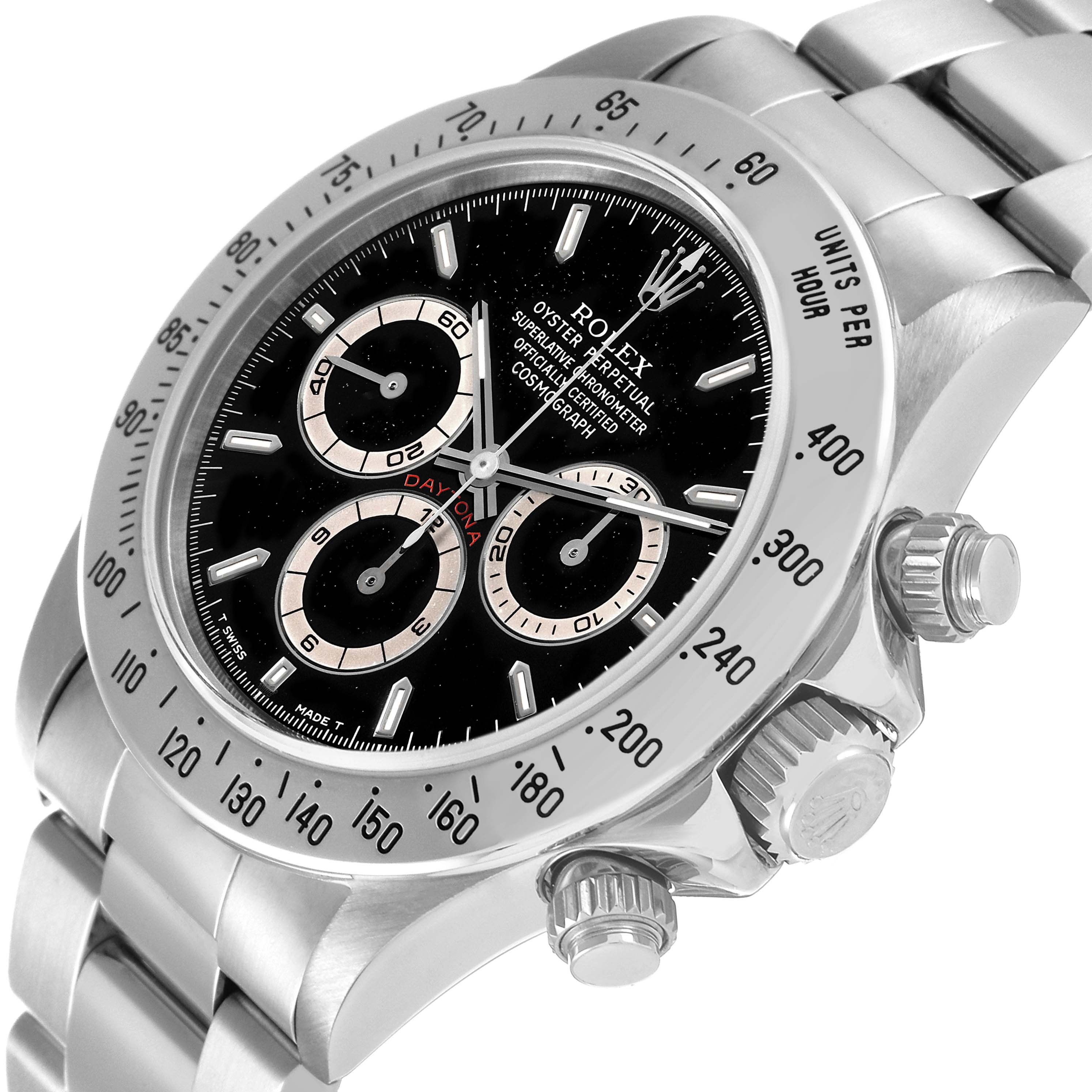 This image shows a Rolex Daytona 16520 Men's Stainless Steel Black Dial 16520 Men's Stainless Steel Black Dial watch at an angle highlighting the dial, bezel, crown, and part of the bracelet.