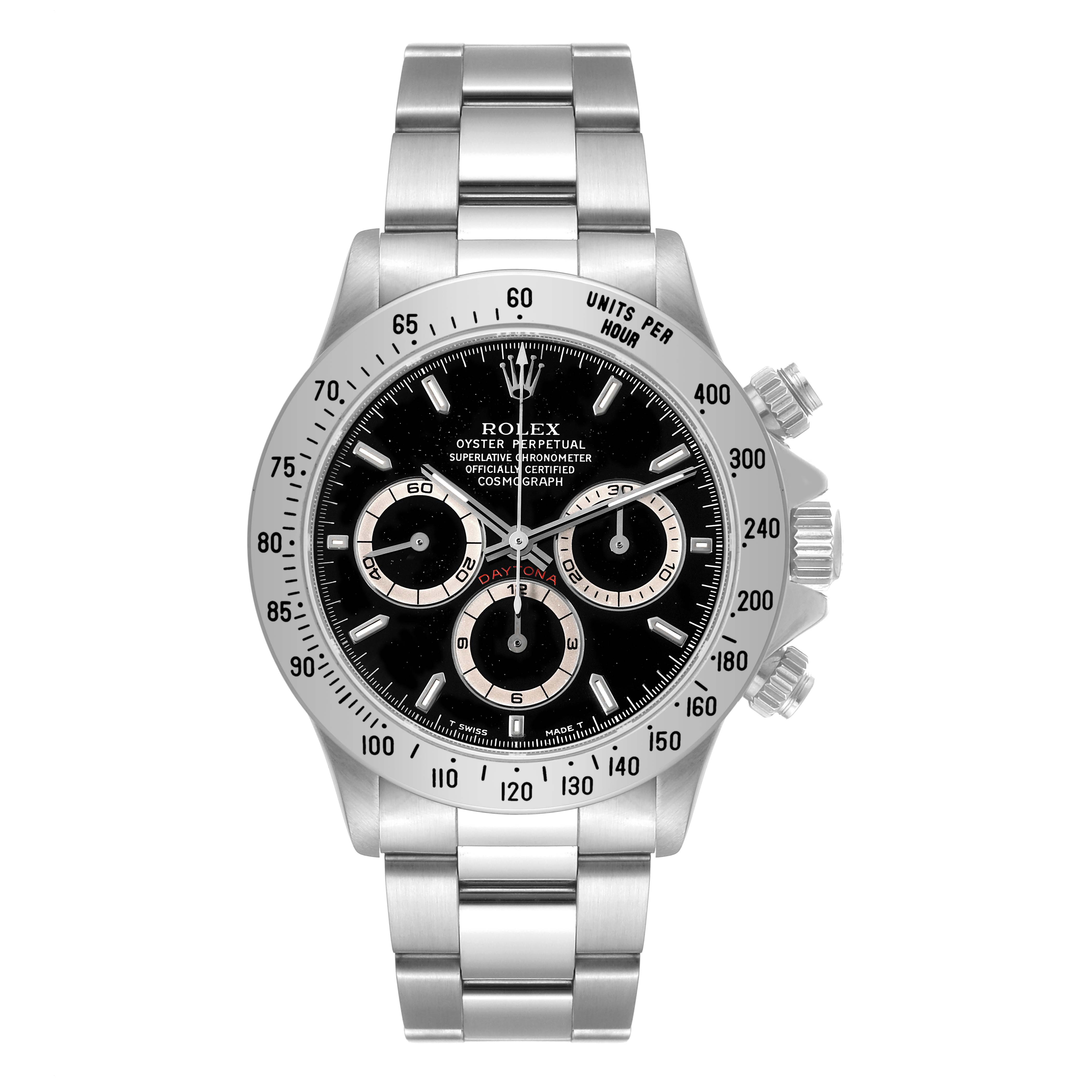 This image shows a front view of a Rolex Daytona 16520 Men's Stainless Steel Black Dial 16520 Men's Stainless Steel Black Dial watch, displaying its black dial, three sub-dials, and metal bracelet.