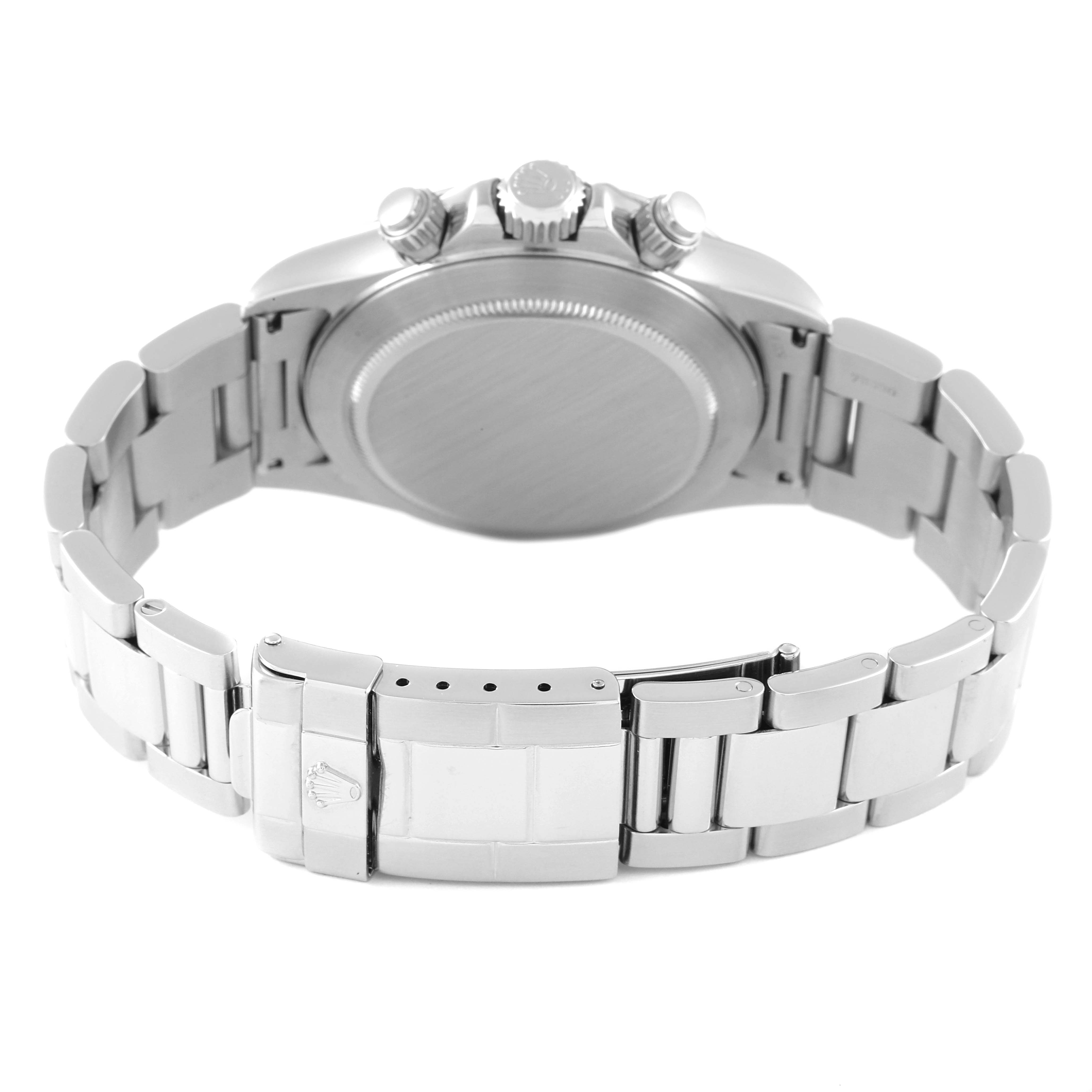 This image shows the back case, bracelet, and clasp of a Rolex Daytona 16520 Men's Stainless Steel Black Dial 16520 Men's Stainless Steel Black Dial watch from a rear angle.