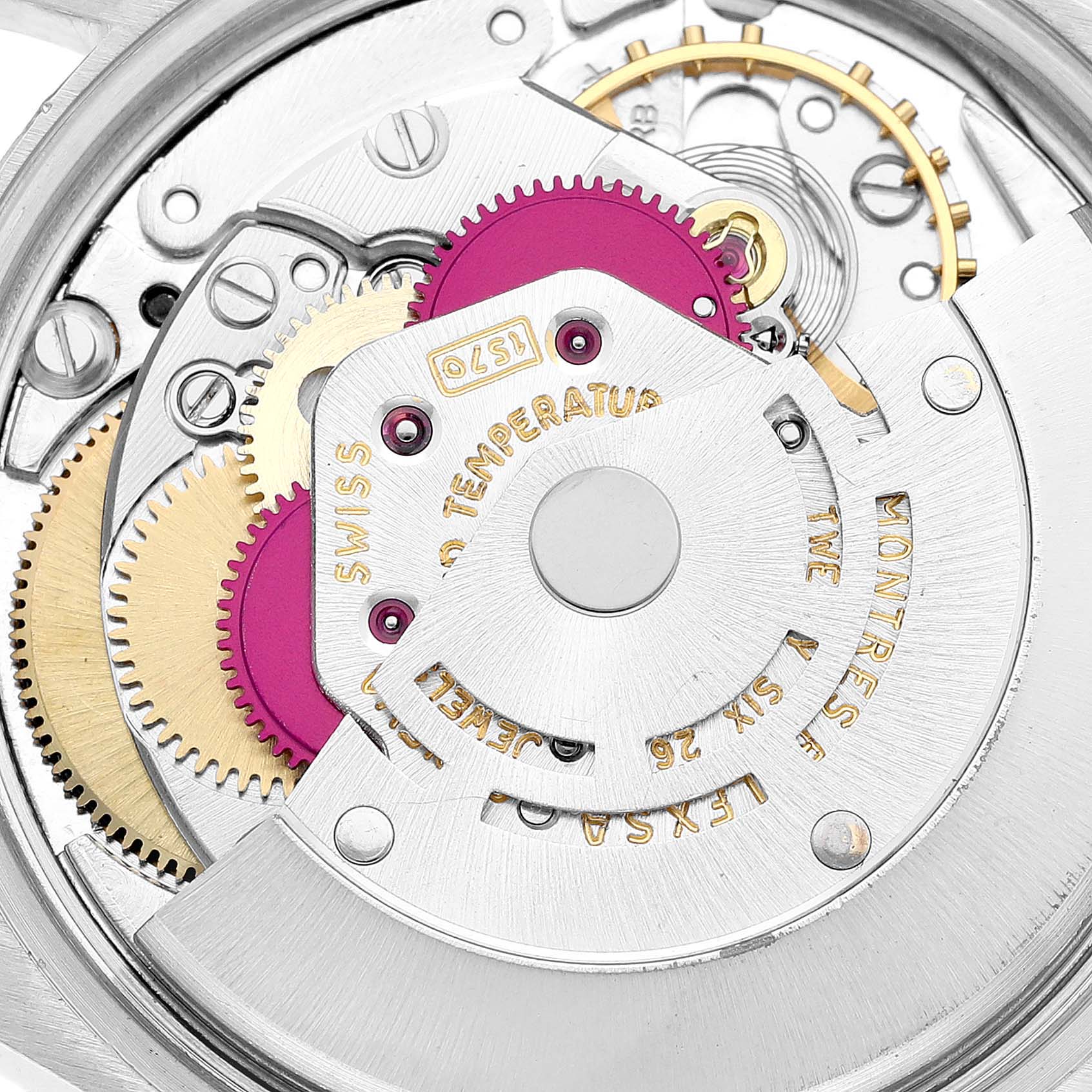 The image shows a close-up of the mechanical movement inside a Rolex Vintage Collection 1500 Men's Stainless Steel Brown Dial 1500 Men's Stainless Steel Brown Dial watch.