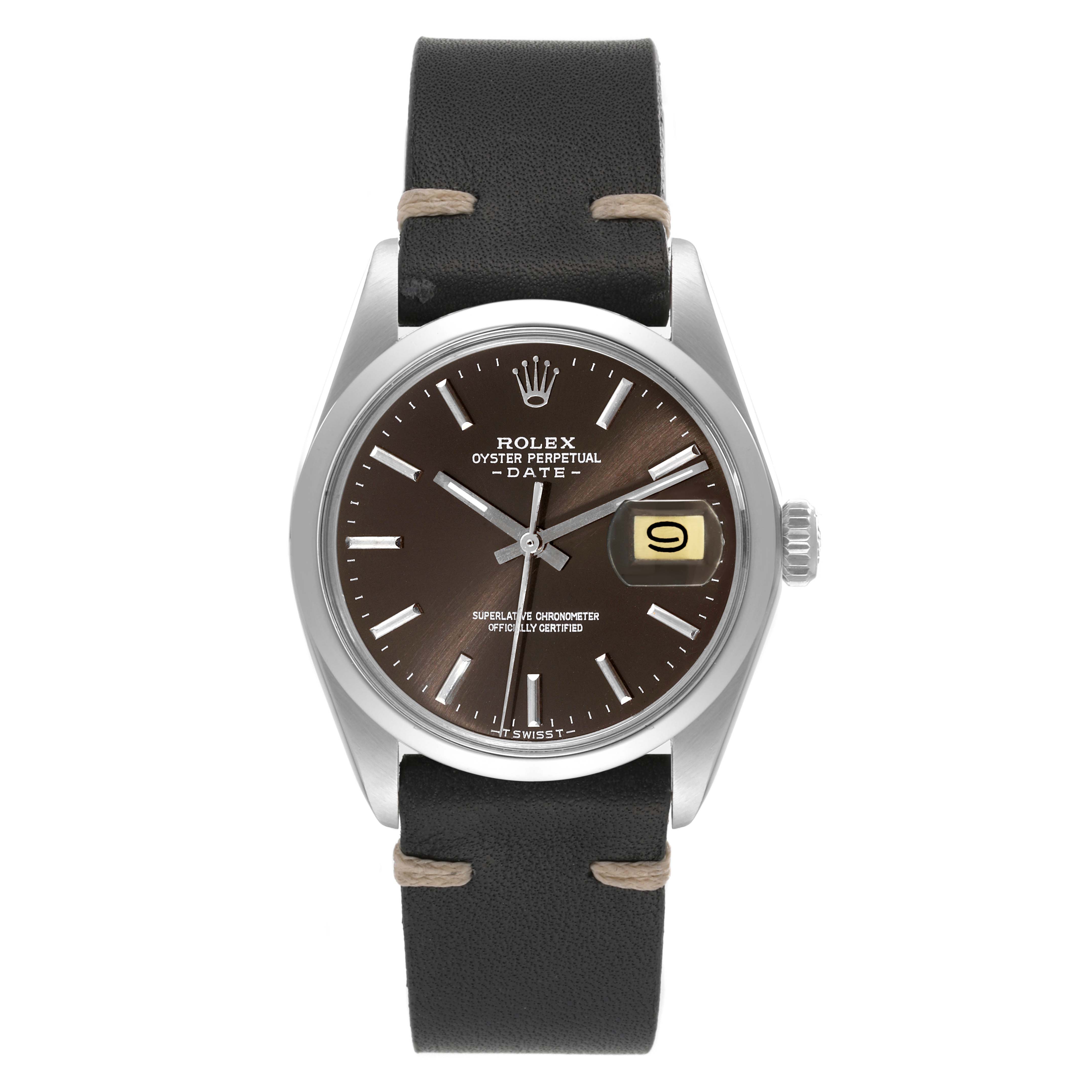 This image shows a frontal view of the Rolex Vintage Collection 1500 Men's Stainless Steel Brown Dial 1500 Men's Stainless Steel Brown Dial Oyster Perpetual Date watch, displaying the face, hands, and strap.