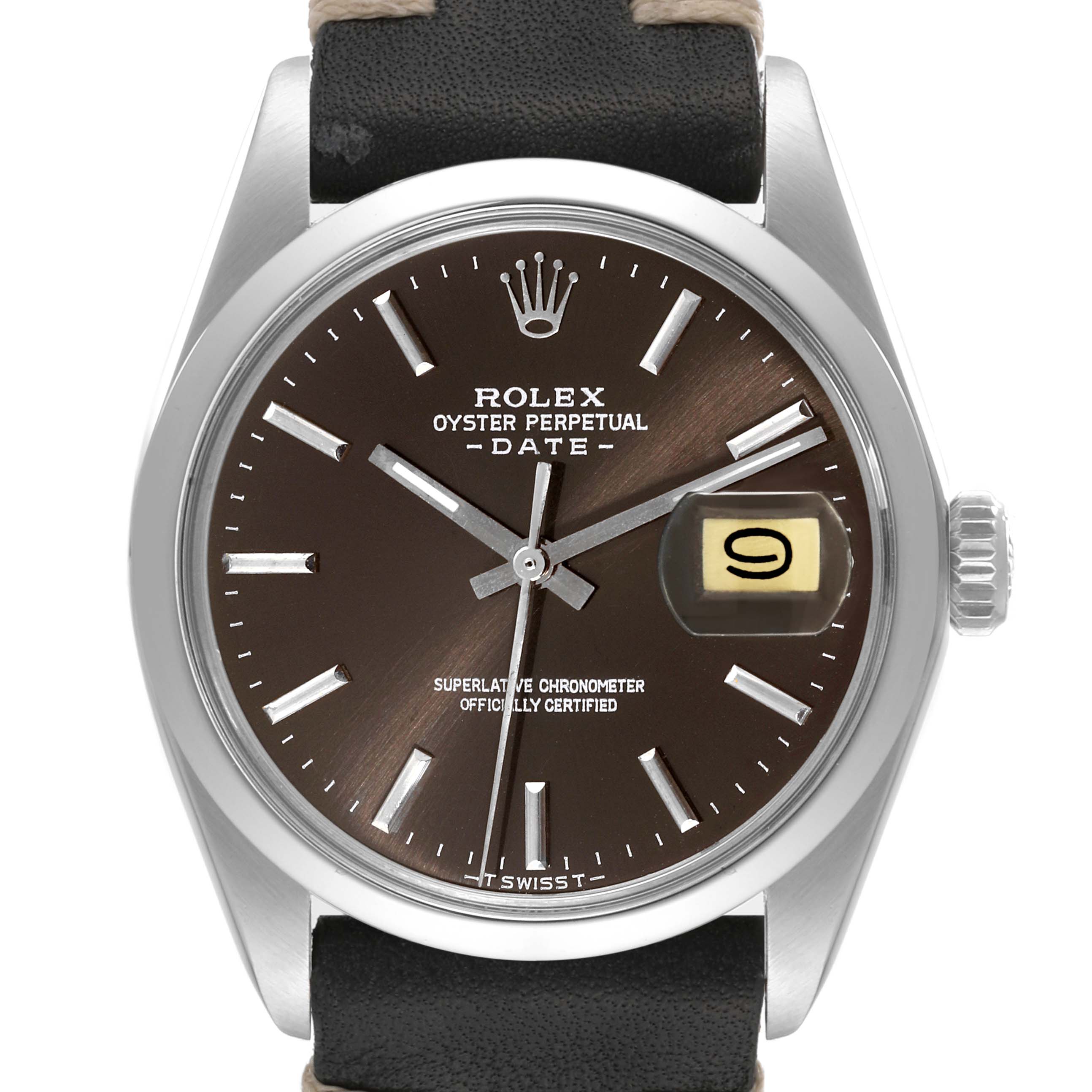 The Rolex Vintage Collection 1500 Men's Stainless Steel Brown Dial 1500 Men's Stainless Steel Brown Dial watch is shown from a front angle, displaying its face, hour markers, hands, crown, and date window.