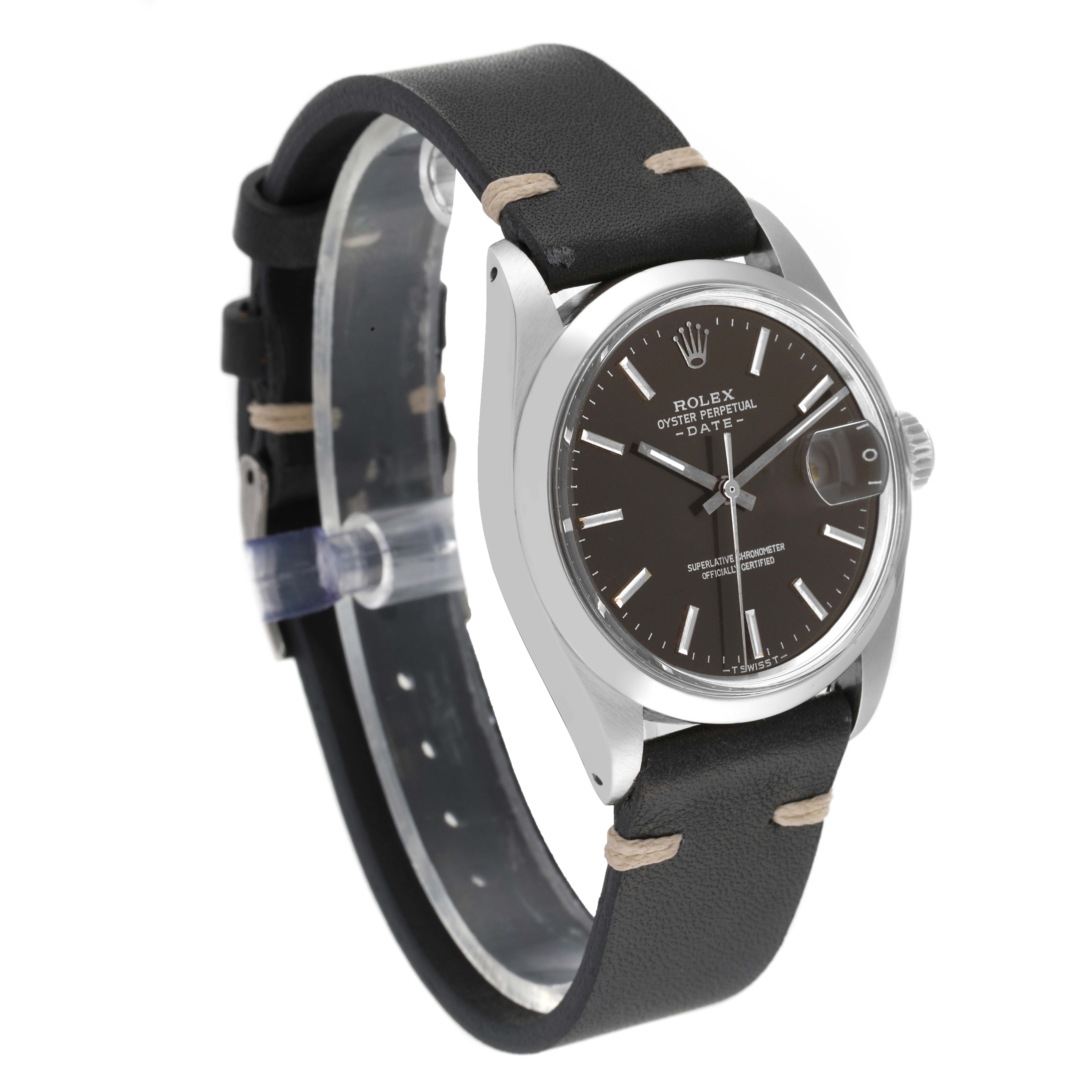 The Rolex Vintage Collection 1500 Men's Stainless Steel Brown Dial 1500 Men's Stainless Steel Brown Dial model is shown at a three-quarter angle, displaying the watch face, black dial, case, and black leather strap.