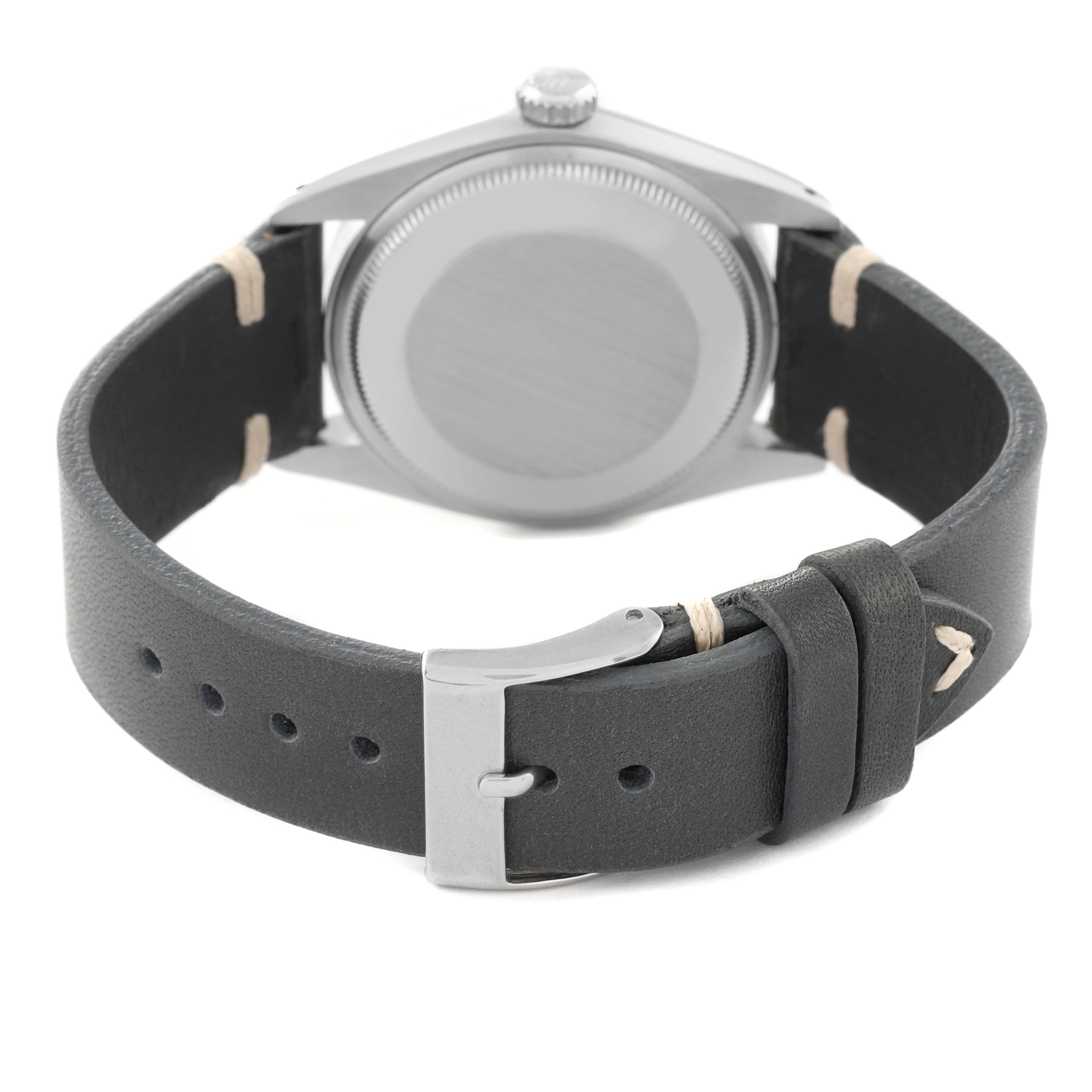 This image shows the back case and the leather strap of the Rolex Vintage Collection 1500 Men's Stainless Steel Brown Dial 1500 Men's Stainless Steel Brown Dial watch.