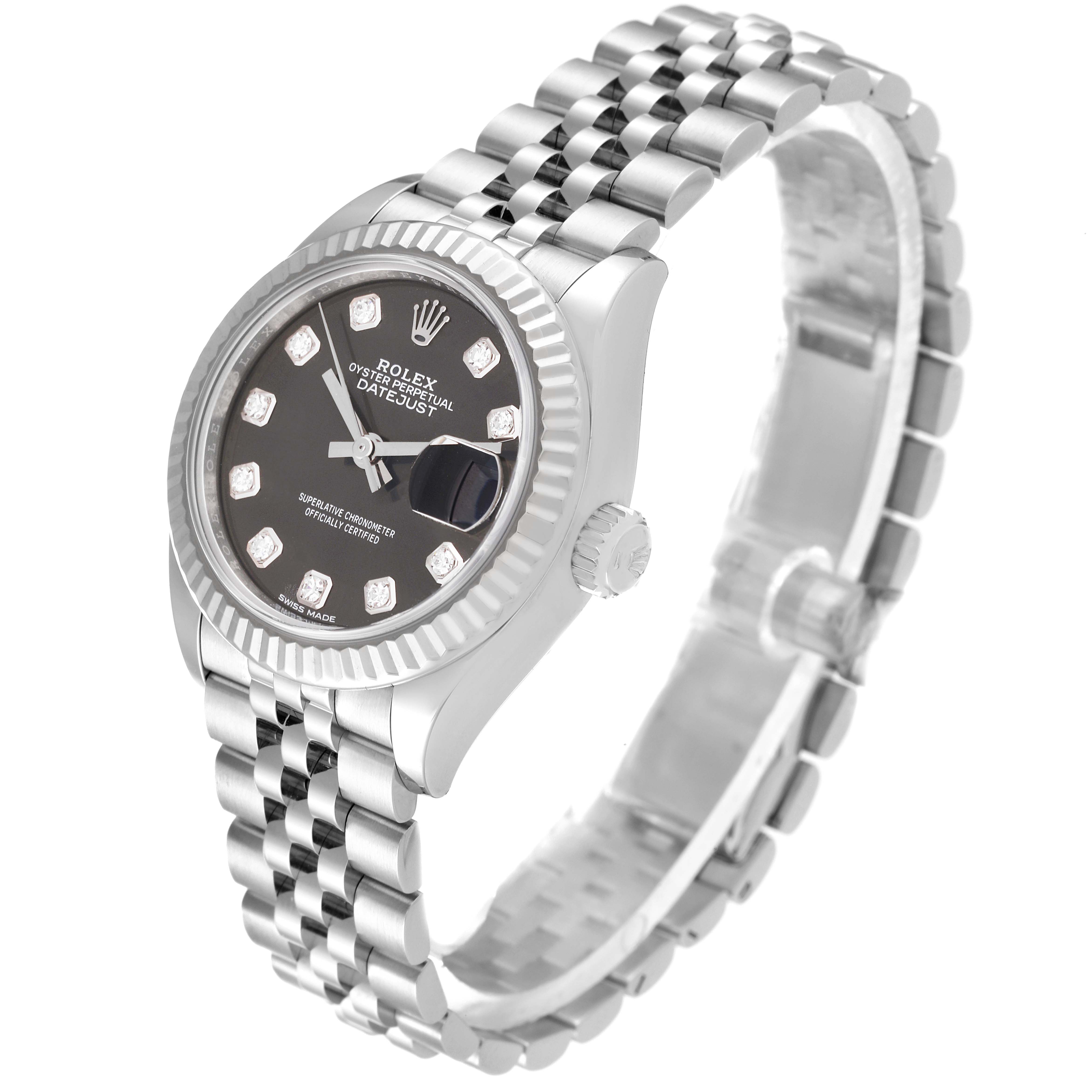 This image shows a side and angled view of a Rolex Datejust 279174 Women's Stainless Steel Grey Dial 279174 Women's Stainless Steel Grey Dial watch, highlighting the dial, fluted bezel, and jubilee bracelet.