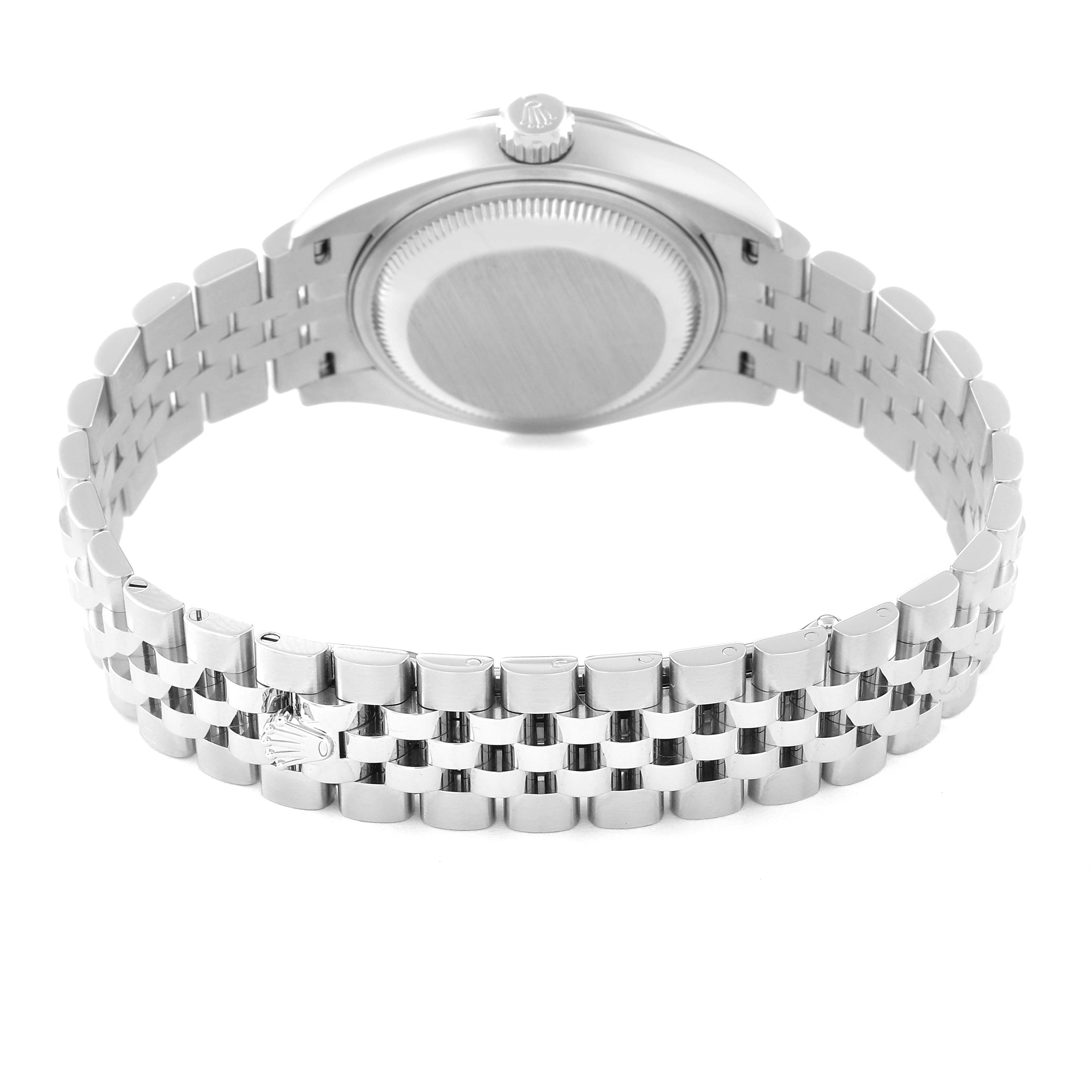 This image shows the back view of the Rolex Datejust 279174 Women's Stainless Steel Grey Dial 279174 Women's Stainless Steel Grey Dial watch, highlighting its case back and Jubilee bracelet.
