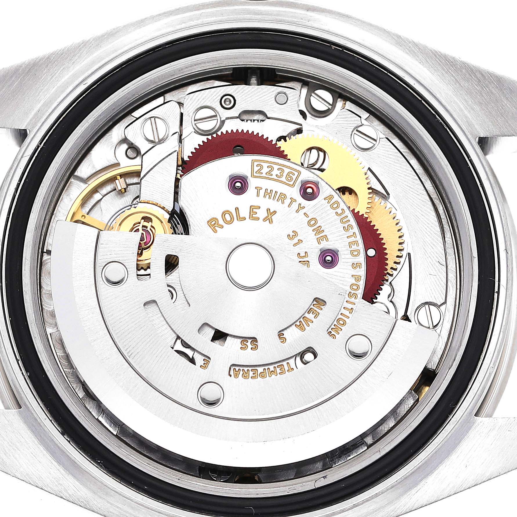 The image shows an internal view of the Rolex Datejust 279174 Women's Stainless Steel Grey Dial 279174 Women's Stainless Steel Grey Dial watch movement, focusing on its intricate components.