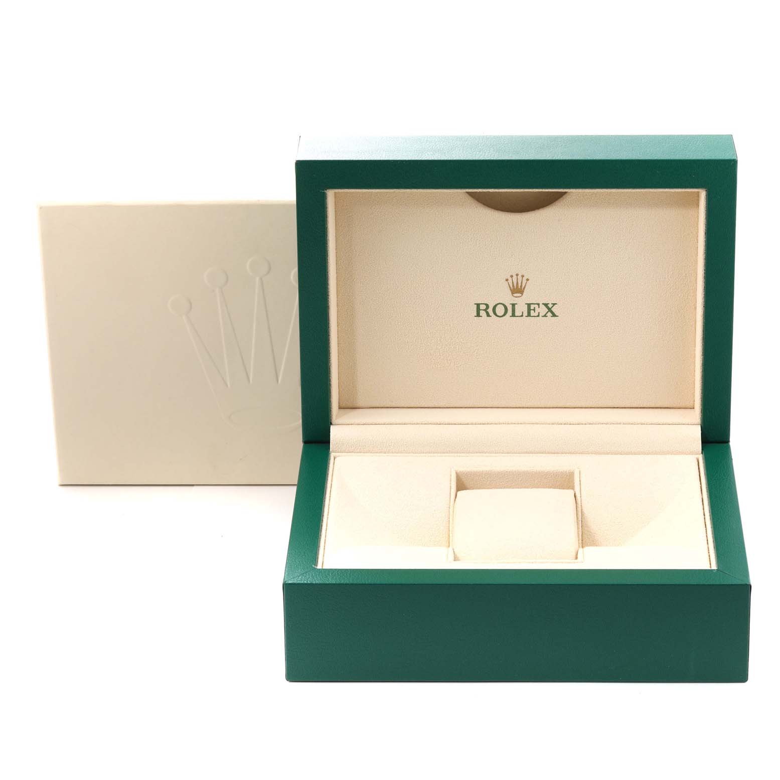 The image shows an open green Rolex Datejust 279174 Women's Stainless Steel Grey Dial 279174 Women's Stainless Steel Grey Dial watch box with the inner cushion and outer packaging visible.