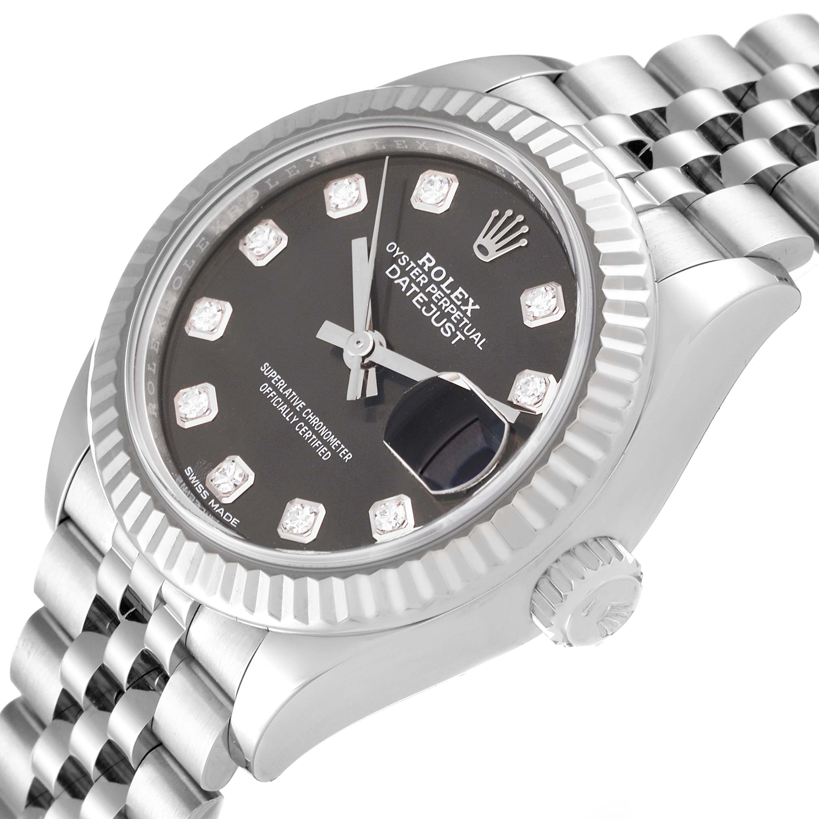 This image showcases a Rolex Datejust 279174 Women's Stainless Steel Grey Dial 279174 Women's Stainless Steel Grey Dial watch from an angle highlighting the case, bezel, dial, bracelet, and crown.