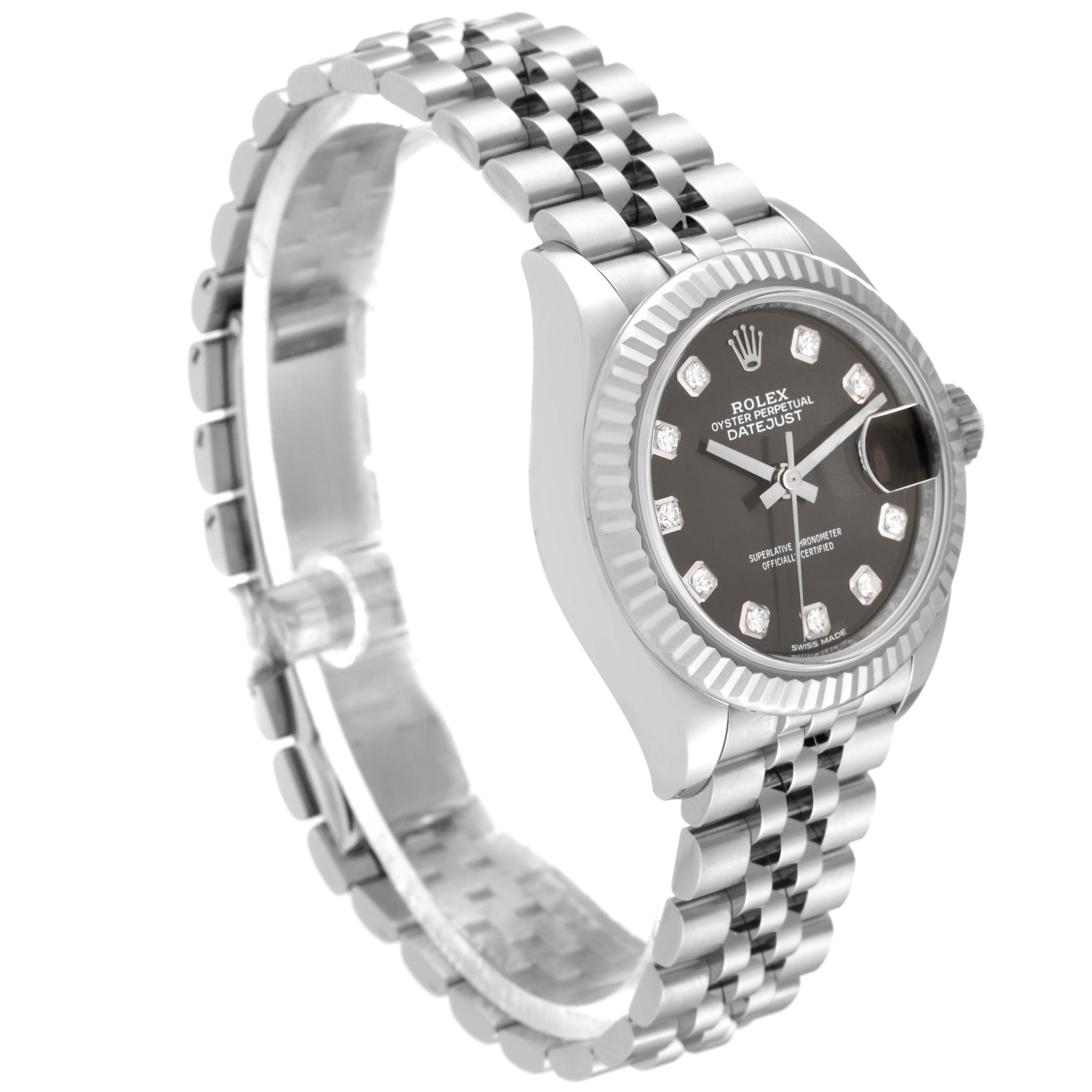 This Rolex Datejust 279174 Women's Stainless Steel Grey Dial 279174 Women's Stainless Steel Grey Dial watch is shown at an angle displaying the face, bezel, crown, and bracelet.
