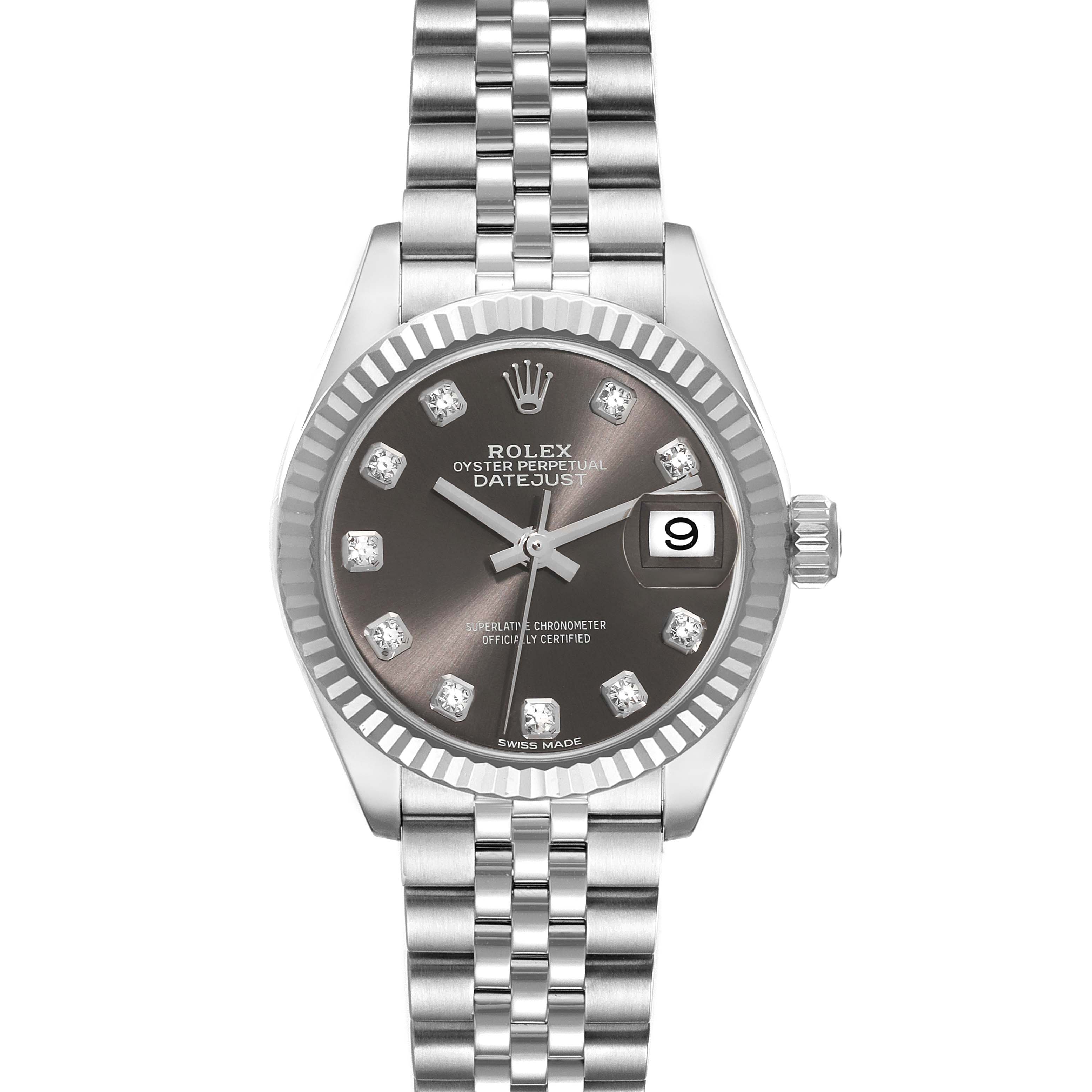 The image shows a frontal view of a Rolex Datejust 279174 Women's Stainless Steel Grey Dial 279174 Women's Stainless Steel Grey Dial watch, including the dial, bezel, bracelet, and date window.