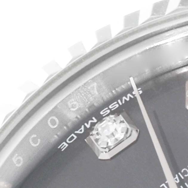 The close-up image shows part of the dial and bezel of the Rolex Datejust 279174 Women's Stainless Steel Grey Dial 279174 Women's Stainless Steel Grey Dial watch, highlighting the "SWISS MADE" text and a diamond marker.