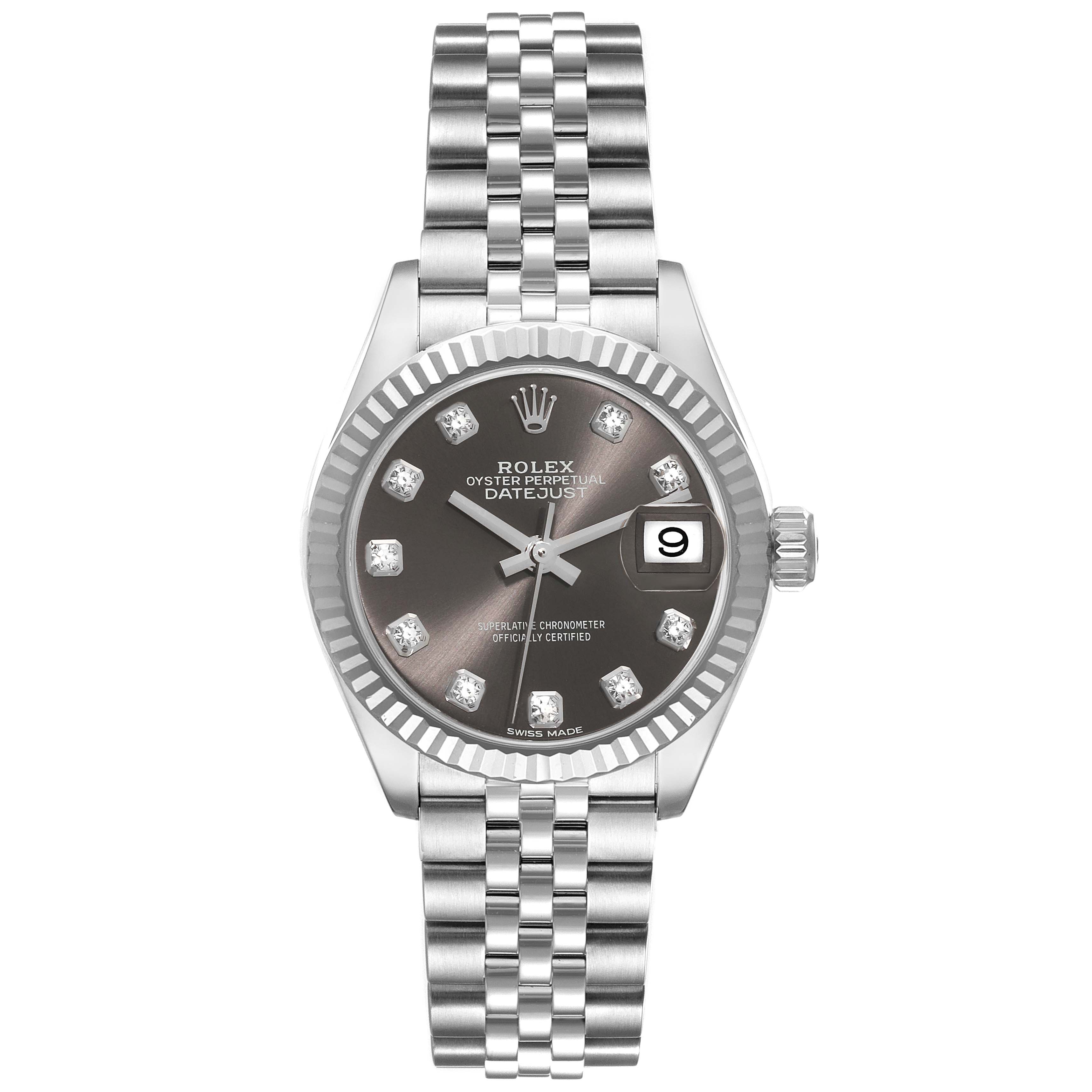This image shows a front view of a Rolex Datejust 279174 Women's Stainless Steel Grey Dial 279174 Women's Stainless Steel Grey Dial watch, featuring a grey dial, fluted bezel, and Jubilee bracelet.