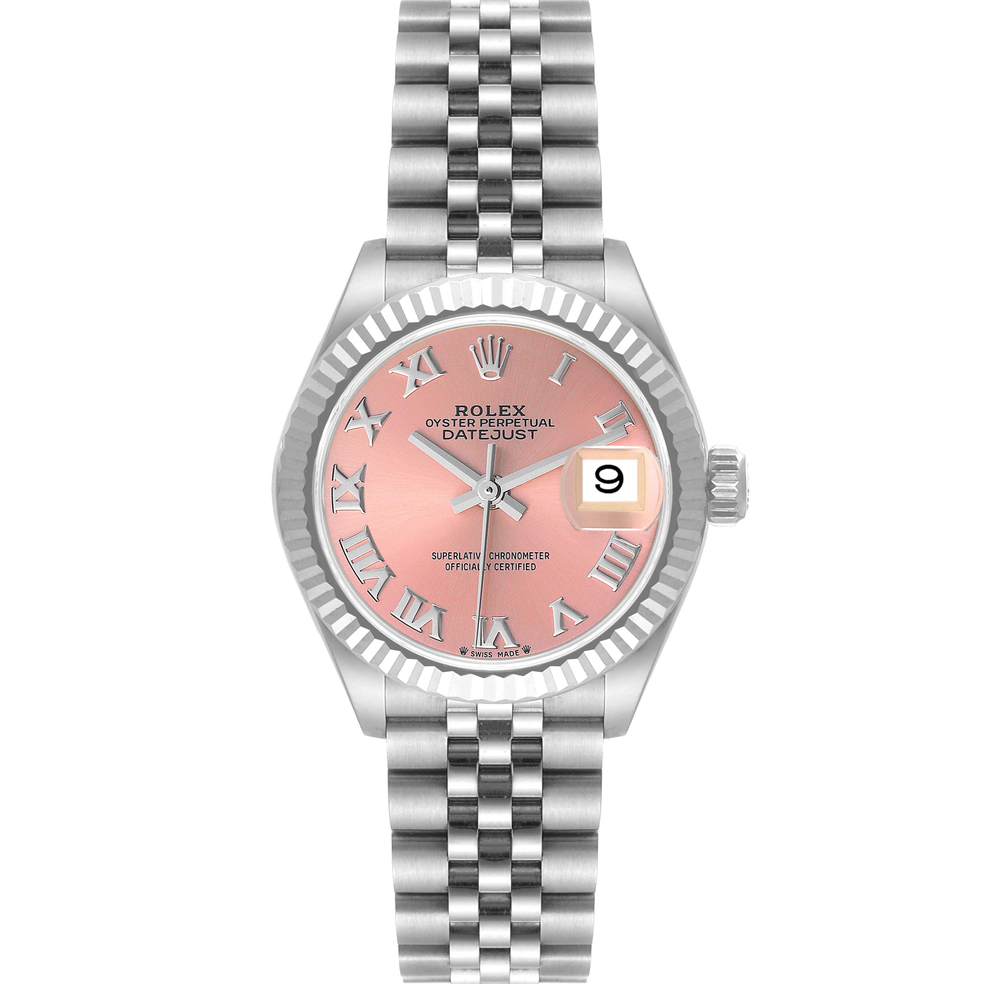 This is a front view of a Rolex Datejust 279174 Women's Stainless Steel Pink Dial 279174 Women's Stainless Steel Pink Dial watch, showing its dial, hands, date window, bezel, and bracelet.