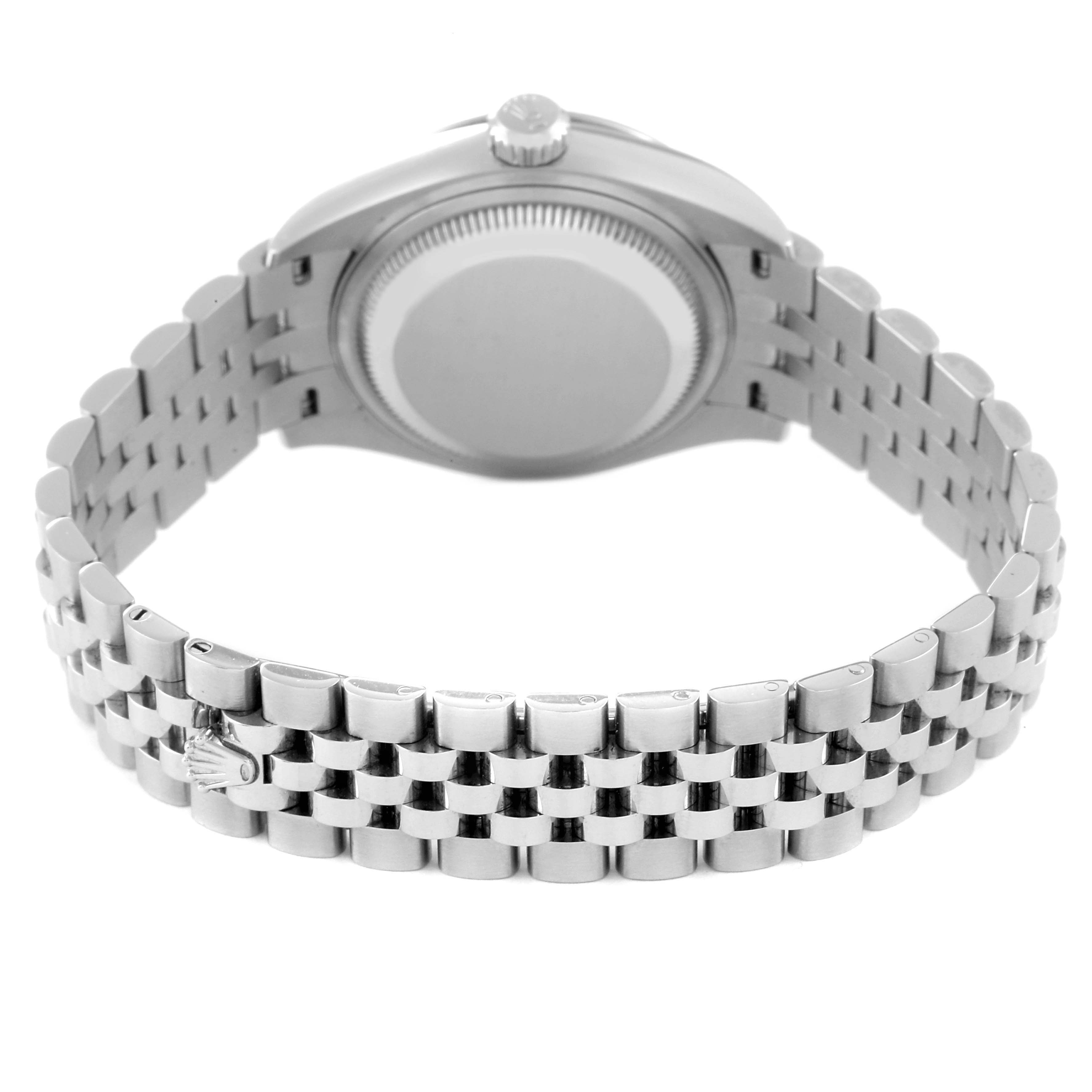 The image shows the back side of a Rolex Datejust 279174 Women's Stainless Steel Pink Dial 279174 Women's Stainless Steel Pink Dial watch, highlighting the case back, crown, and bracelet.