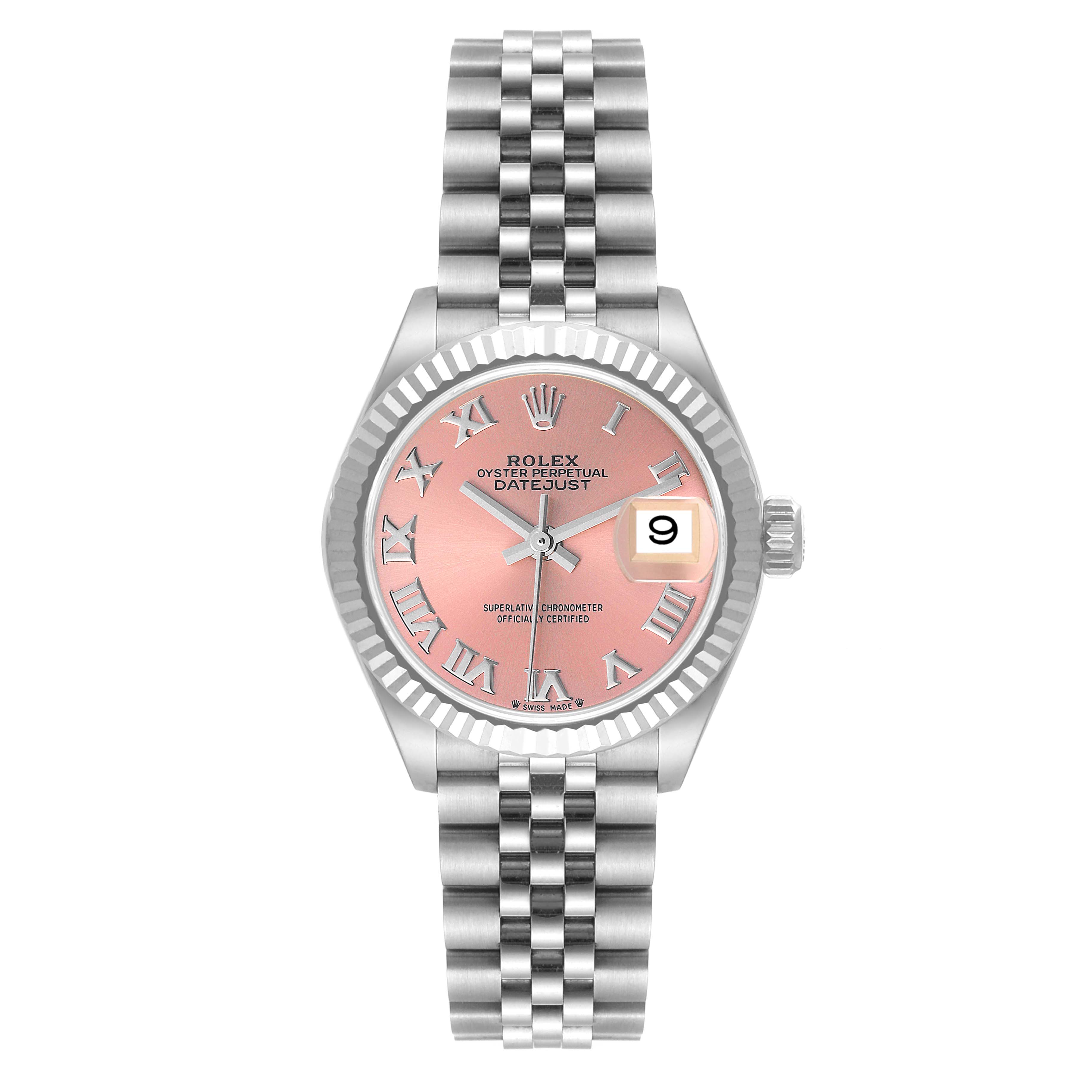 This image shows a Rolex Datejust 279174 Women's Stainless Steel Pink Dial 279174 Women's Stainless Steel Pink Dial watch at a front angle, displaying the dial, bezel, bracelet, and date complication.