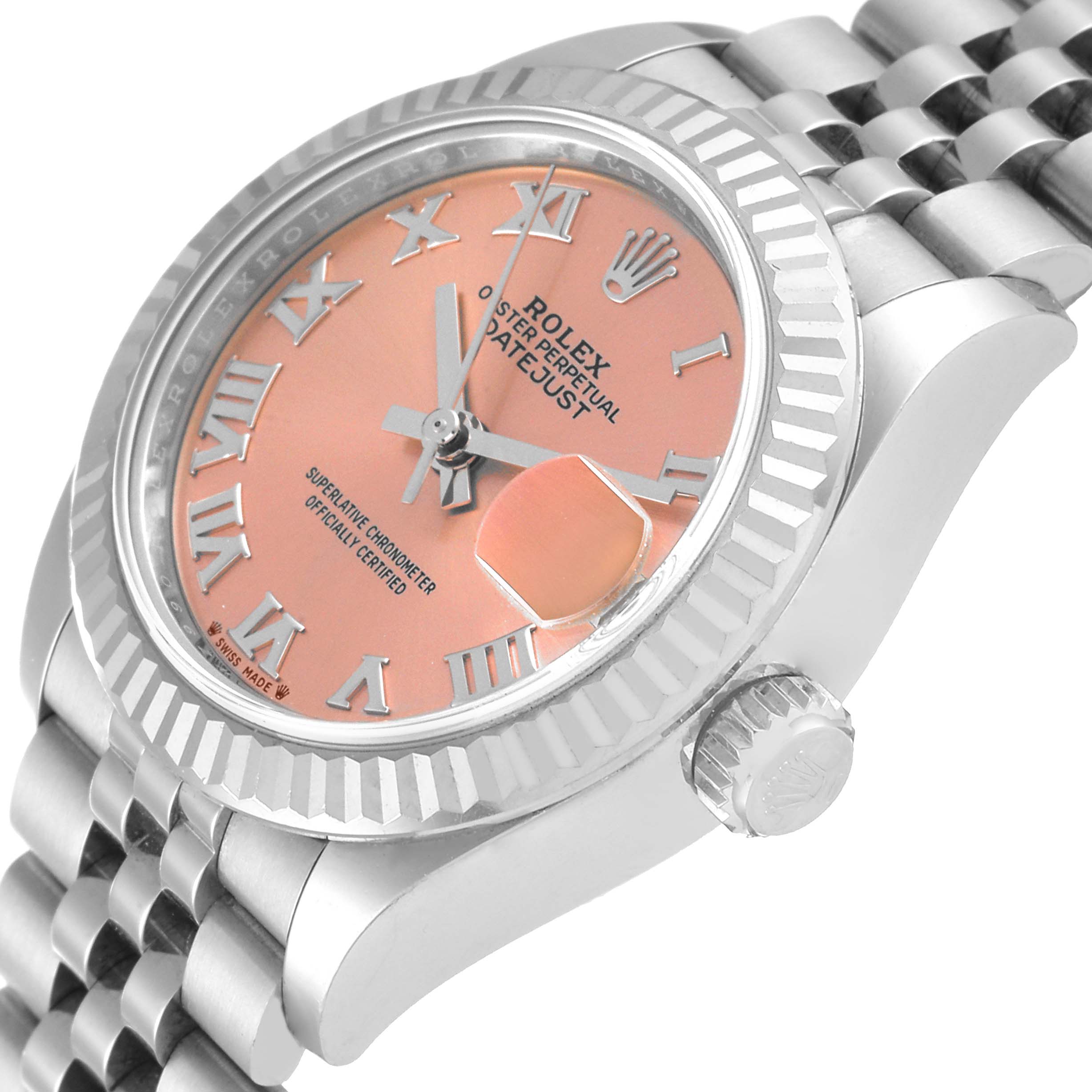 The Rolex Datejust 279174 Women's Stainless Steel Pink Dial 279174 Women's Stainless Steel Pink Dial watch is shown at an angled close-up, featuring the dial, bezel, crown, and part of the bracelet.