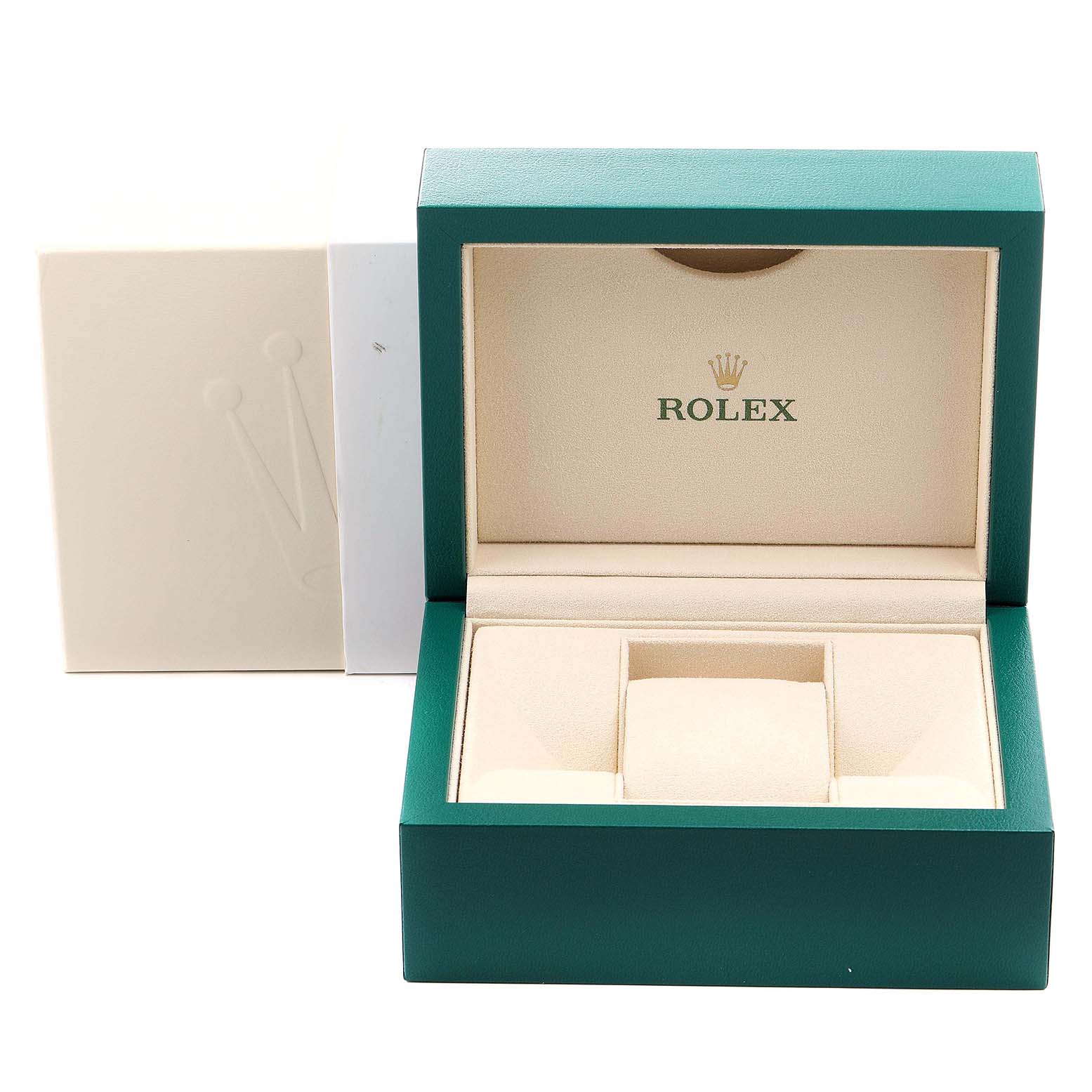 The image shows an open green and beige Rolex Datejust 116244 Men's Stainless Steel Black Dial 116244 Men's Stainless Steel Black Dial watch box.