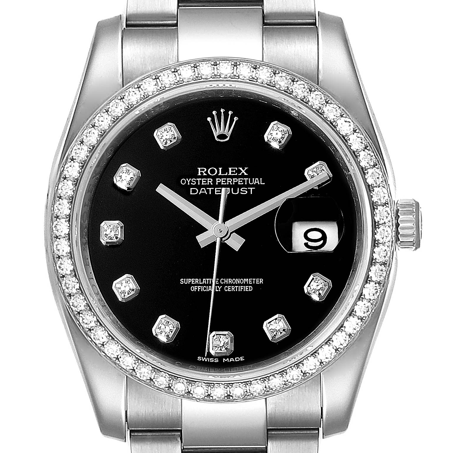 This image shows a frontal view of a Rolex Datejust 116244 Men's Stainless Steel Black Dial 116244 Men's Stainless Steel Black Dial, featuring a diamond bezel and a black dial with diamond hour markers.