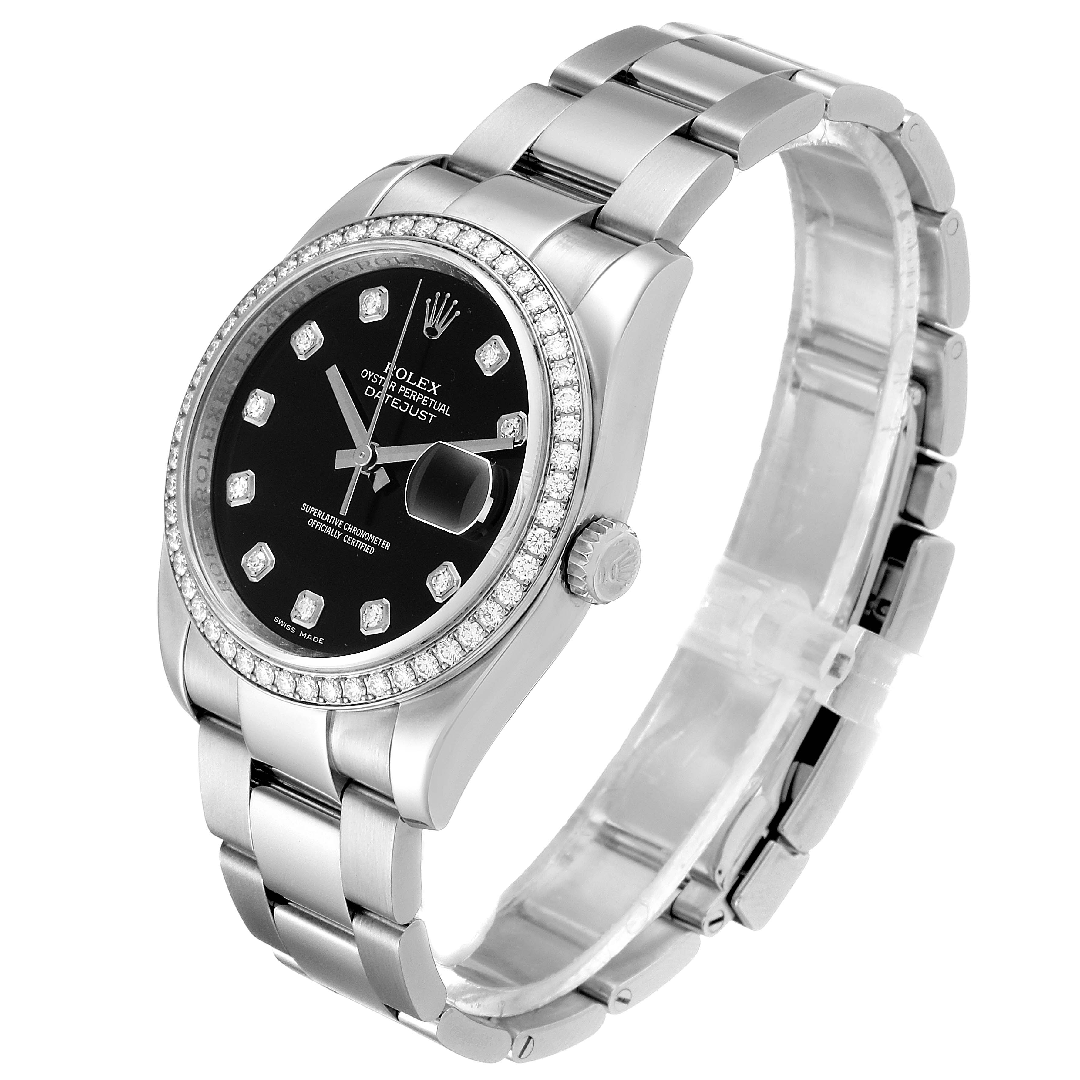 The image shows a Rolex Datejust 116244 Men's Stainless Steel Black Dial 116244 Men's Stainless Steel Black Dial watch at an angled view, highlighting the dial, bracelet, and crown.