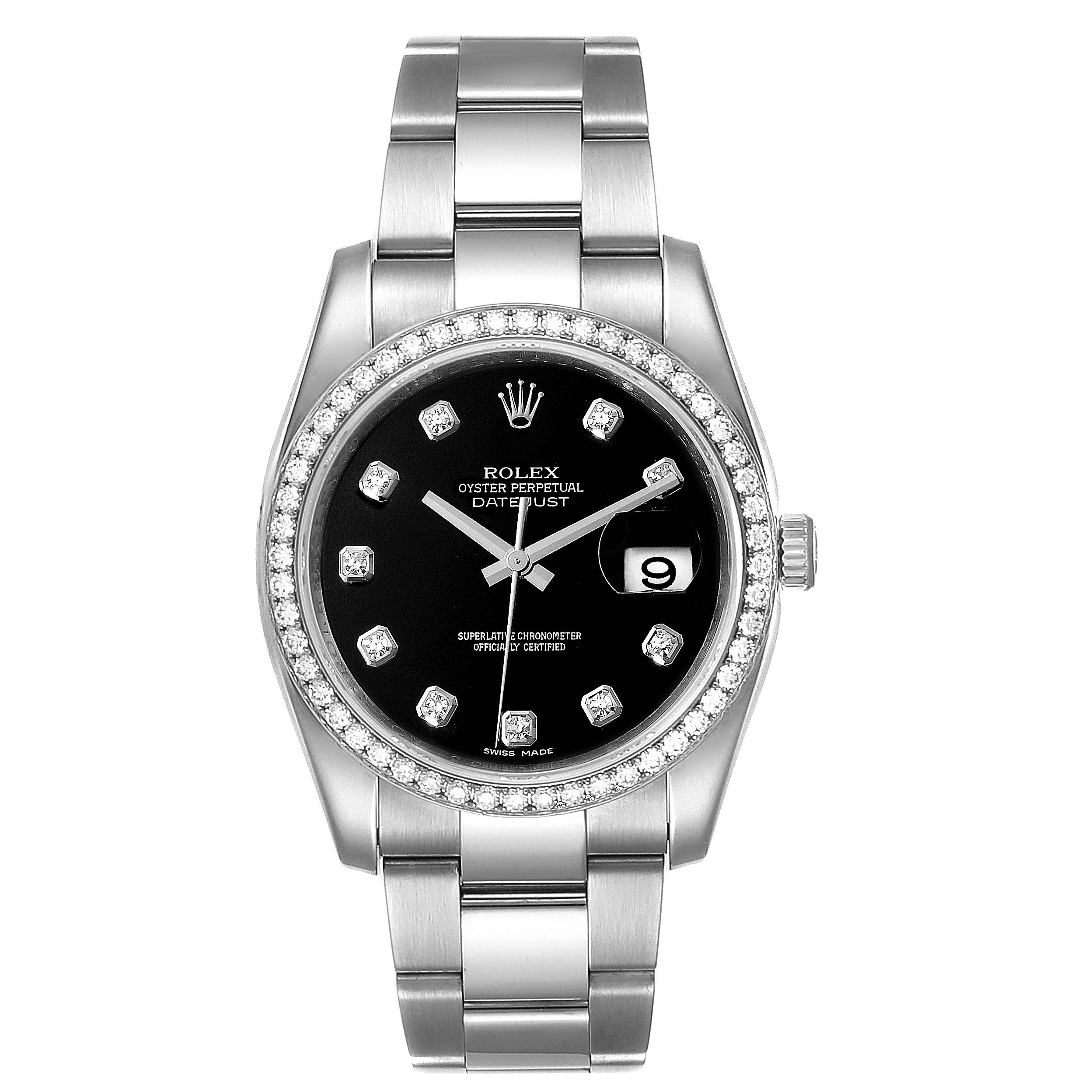 This image shows a front view of the Rolex Datejust 116244 Men's Stainless Steel Black Dial 116244 Men's Stainless Steel Black Dial watch, featuring a black dial, diamond indices, and a stainless steel bracelet.
