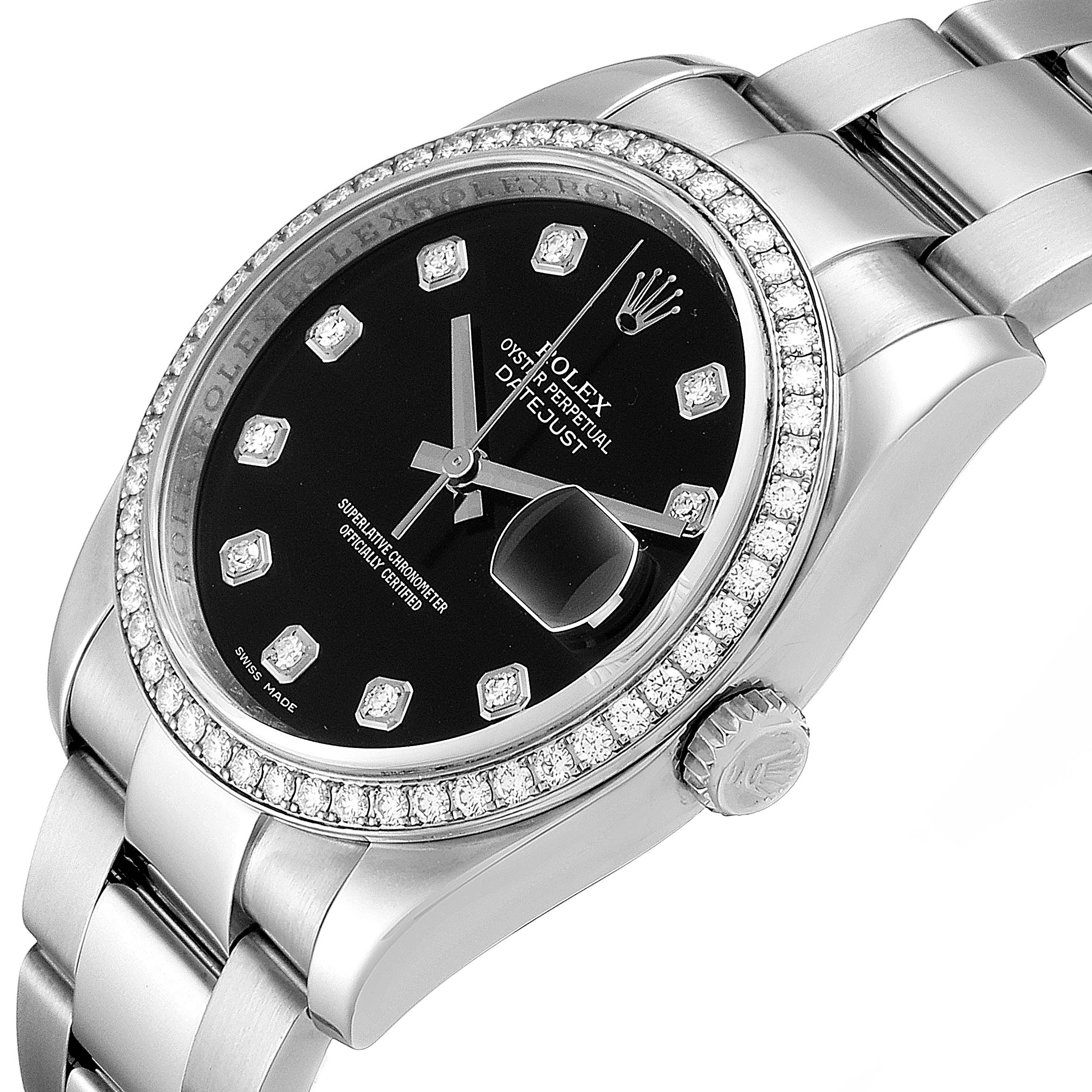 This image features the Rolex Datejust 116244 Men's Stainless Steel Black Dial 116244 Men's Stainless Steel Black Dial watch showing its face, bezel, crown, and part of the bracelet at an angle.