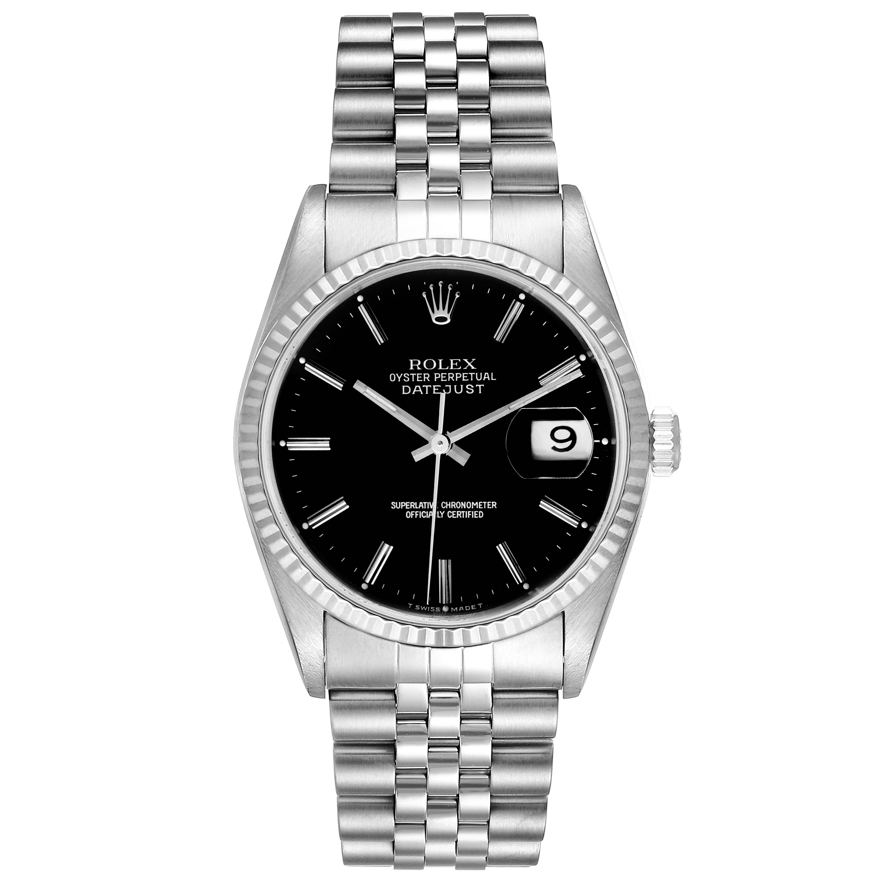 The image shows a front view of a Rolex Datejust 16234 Men's Stainless Steel Black Dial 16234 Men's Stainless Steel Black Dial model displaying the dial, bezel, bracelet, crown, and date window.