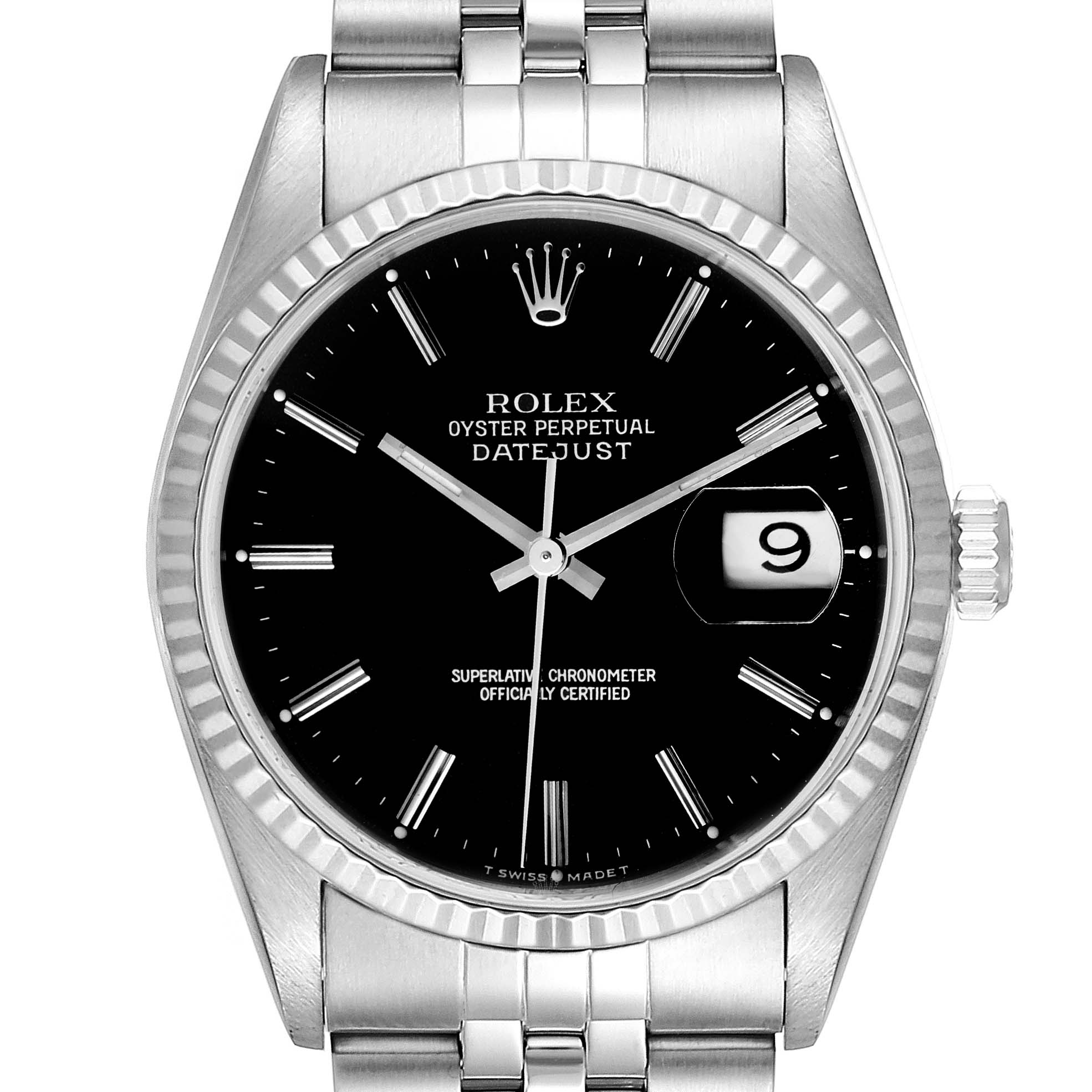 The image shows a front view of a Rolex Datejust 16234 Men's Stainless Steel Black Dial 16234 Men's Stainless Steel Black Dial watch, displaying the black dial, hour markers, hands, bezel, and part of the bracelet.
