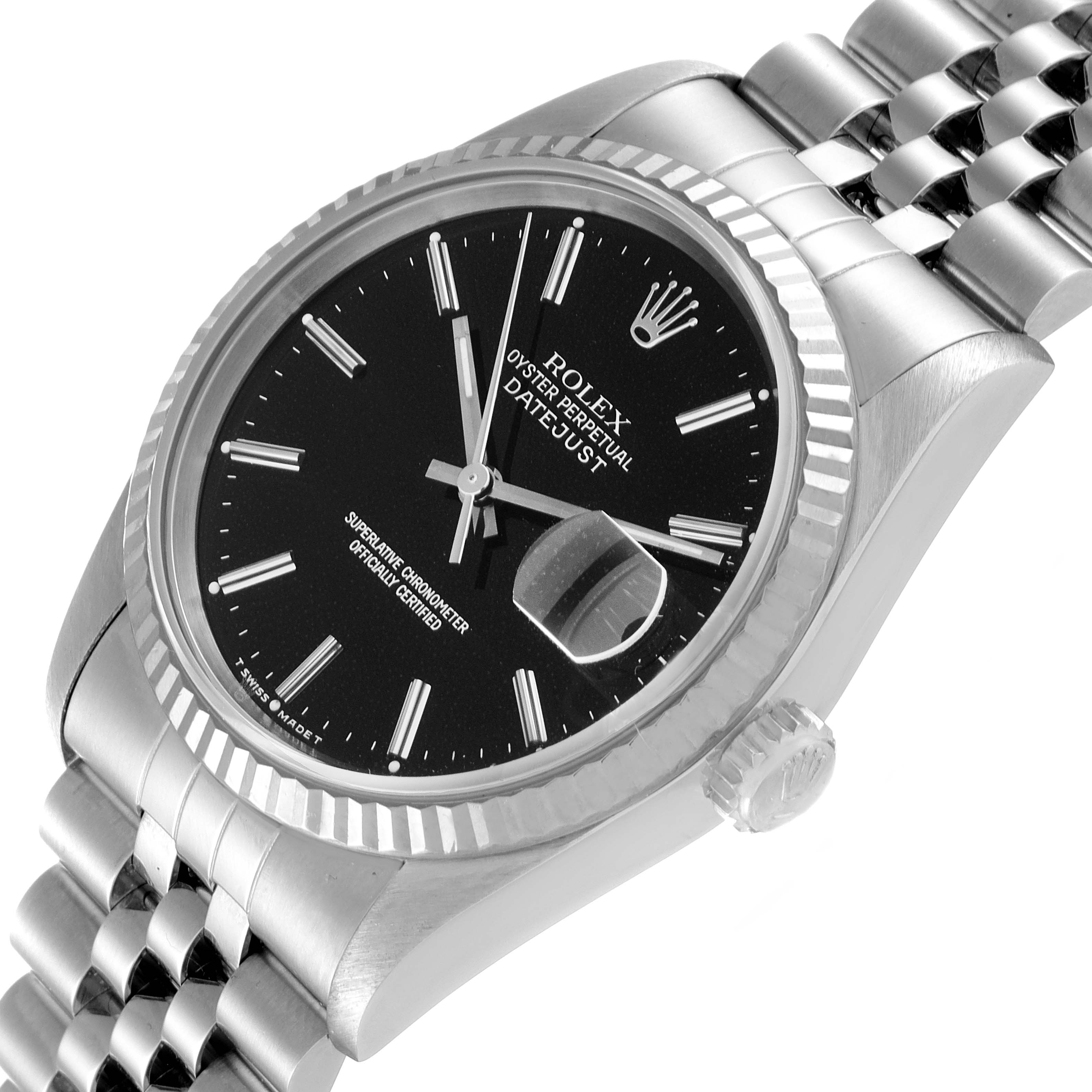The Rolex Datejust 16234 Men's Stainless Steel Black Dial 16234 Men's Stainless Steel Black Dial watch is shown at a three-quarter angle, highlighting its face, bezel, crown, and bracelet.
