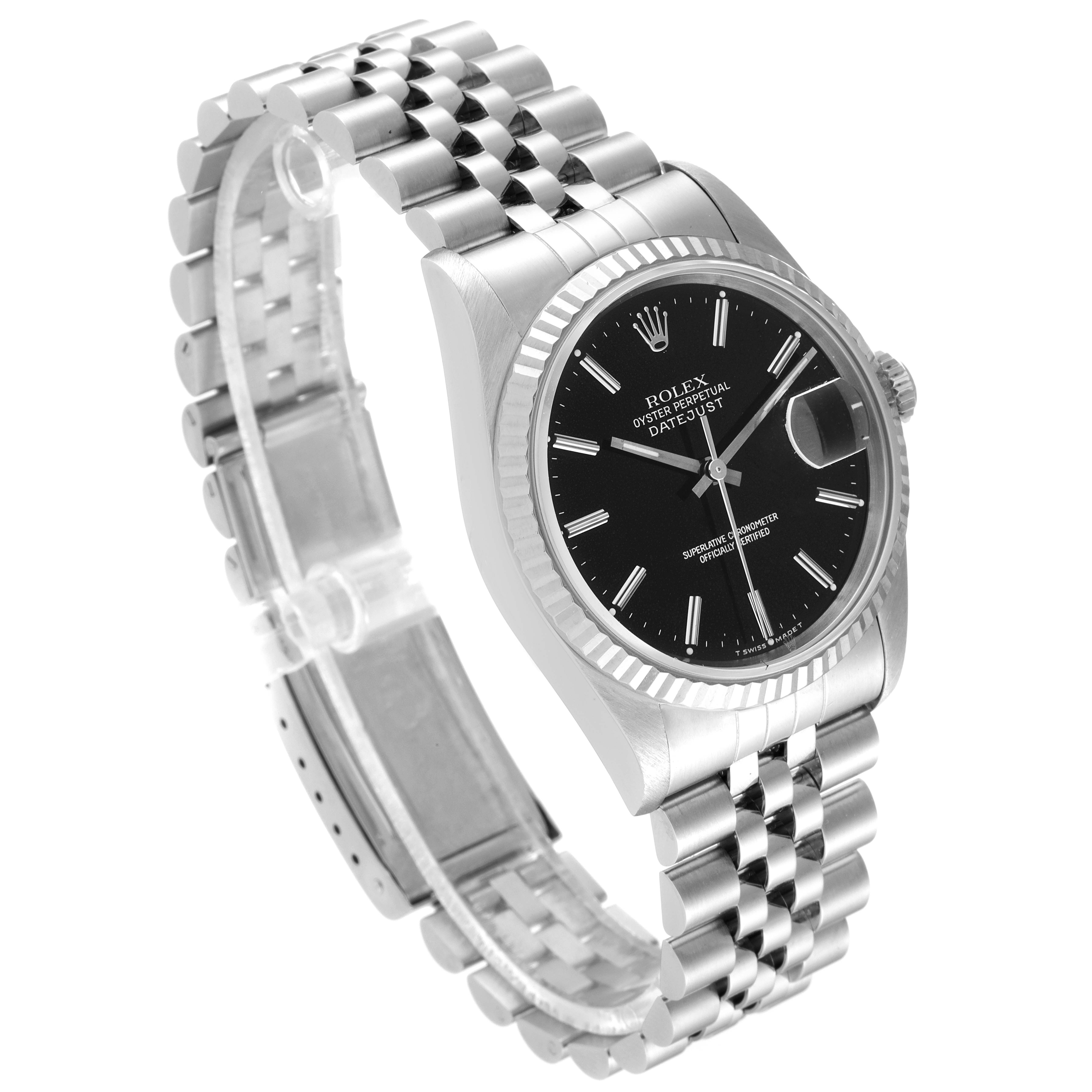 The image shows a Rolex Datejust 16234 Men's Stainless Steel Black Dial 16234 Men's Stainless Steel Black Dial watch at a three-quarter angle, highlighting the jubilee bracelet and black dial.