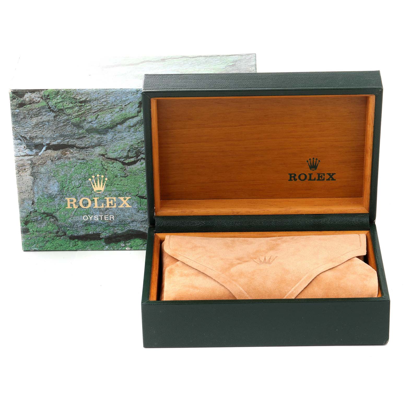 The image shows a closed Rolex Datejust 16234 Men's Stainless Steel Black Dial 16234 Men's Stainless Steel Black Dial watch box with its beige pouch inside, the box is open and at an angle.