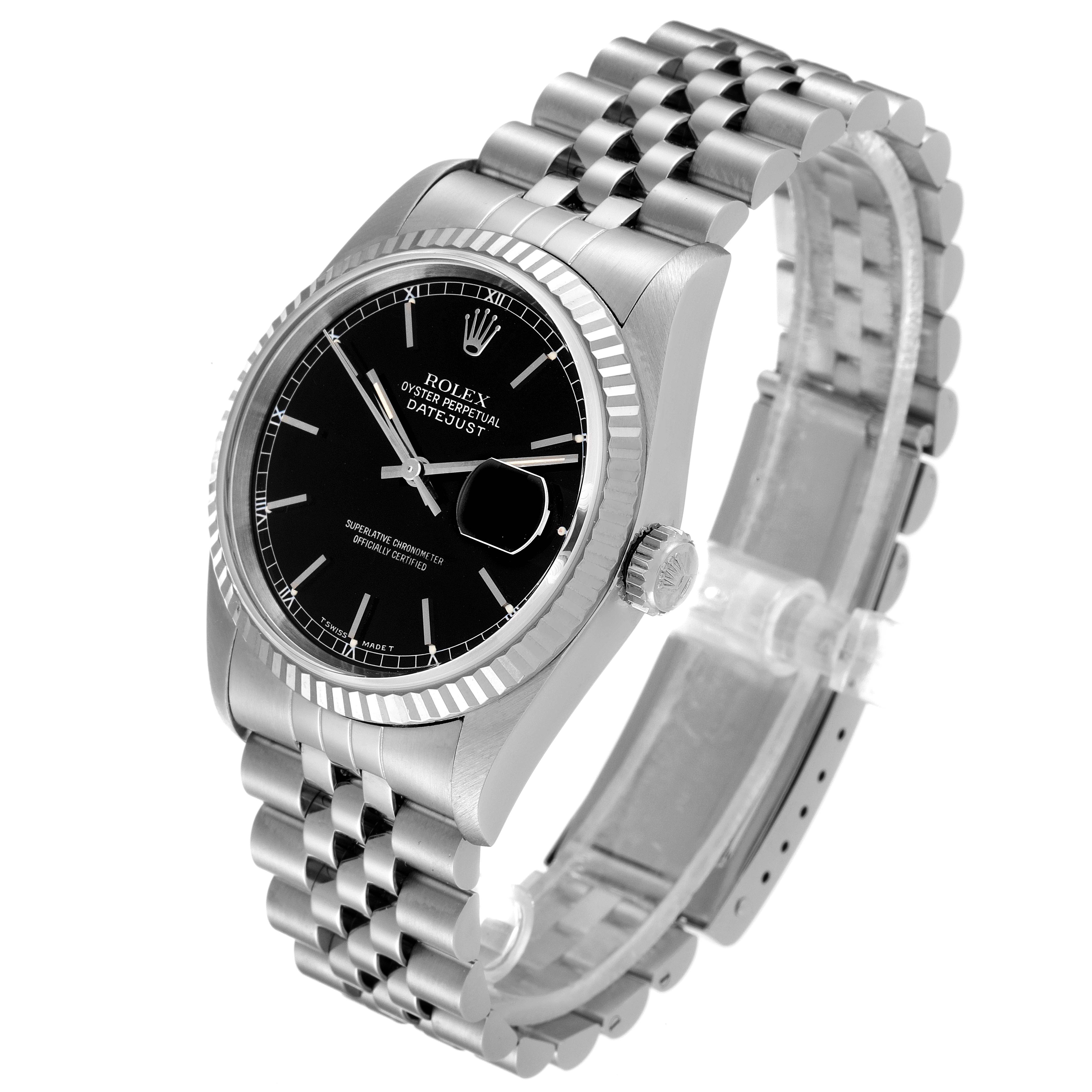 The image shows a Rolex Datejust 16234 Men
s Stainless Steel Black Dial 16234 Men
s Stainless Steel Black Dial watch at a three-quarter angle, highlighting the black dial, bezel, crown, and stainless steel bracelet.