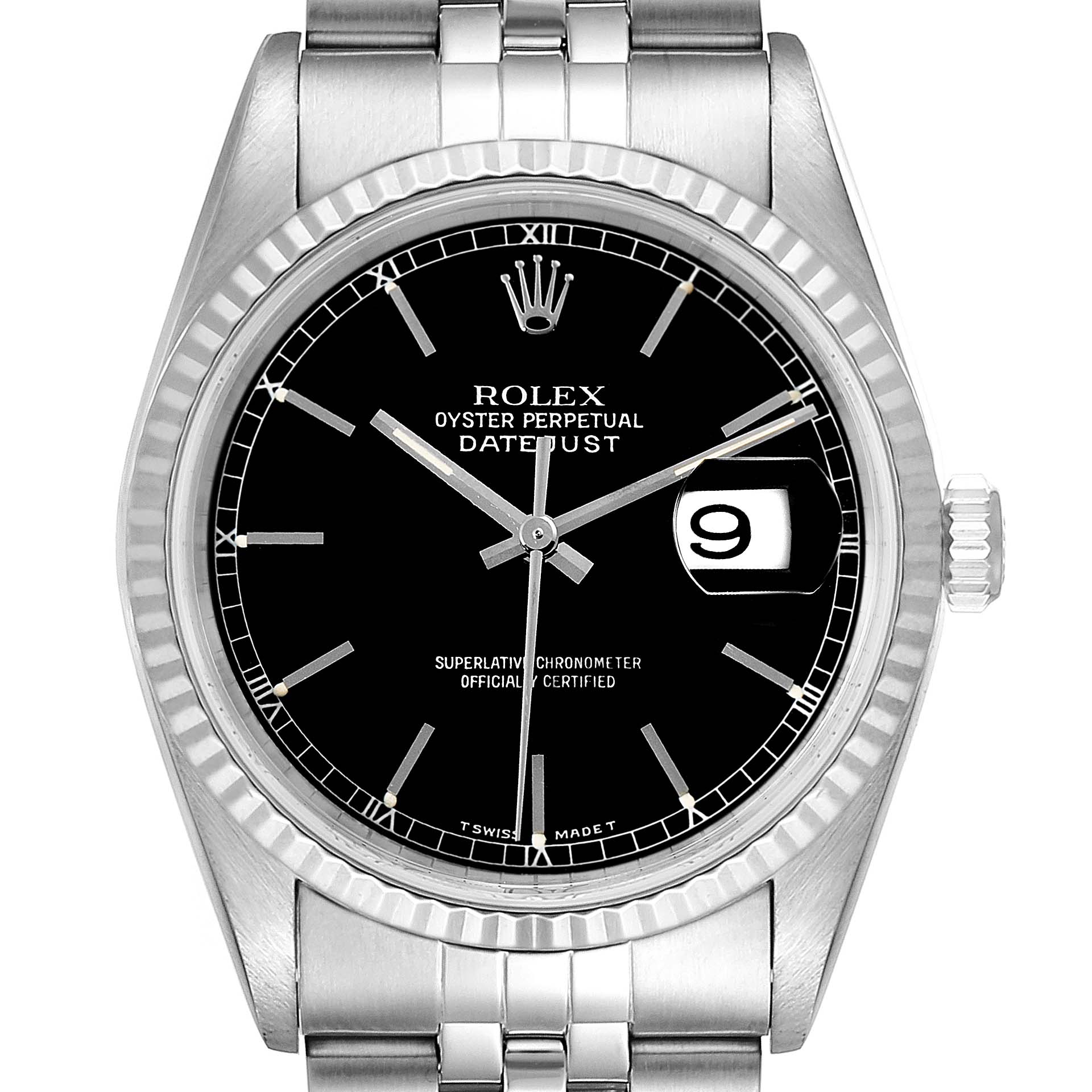 This image shows a frontal view of a Rolex Datejust 16234 Men
s Stainless Steel Black Dial 16234 Men
s Stainless Steel Black Dial watch, displaying the black dial, hands, date window, crown, and bracelet.