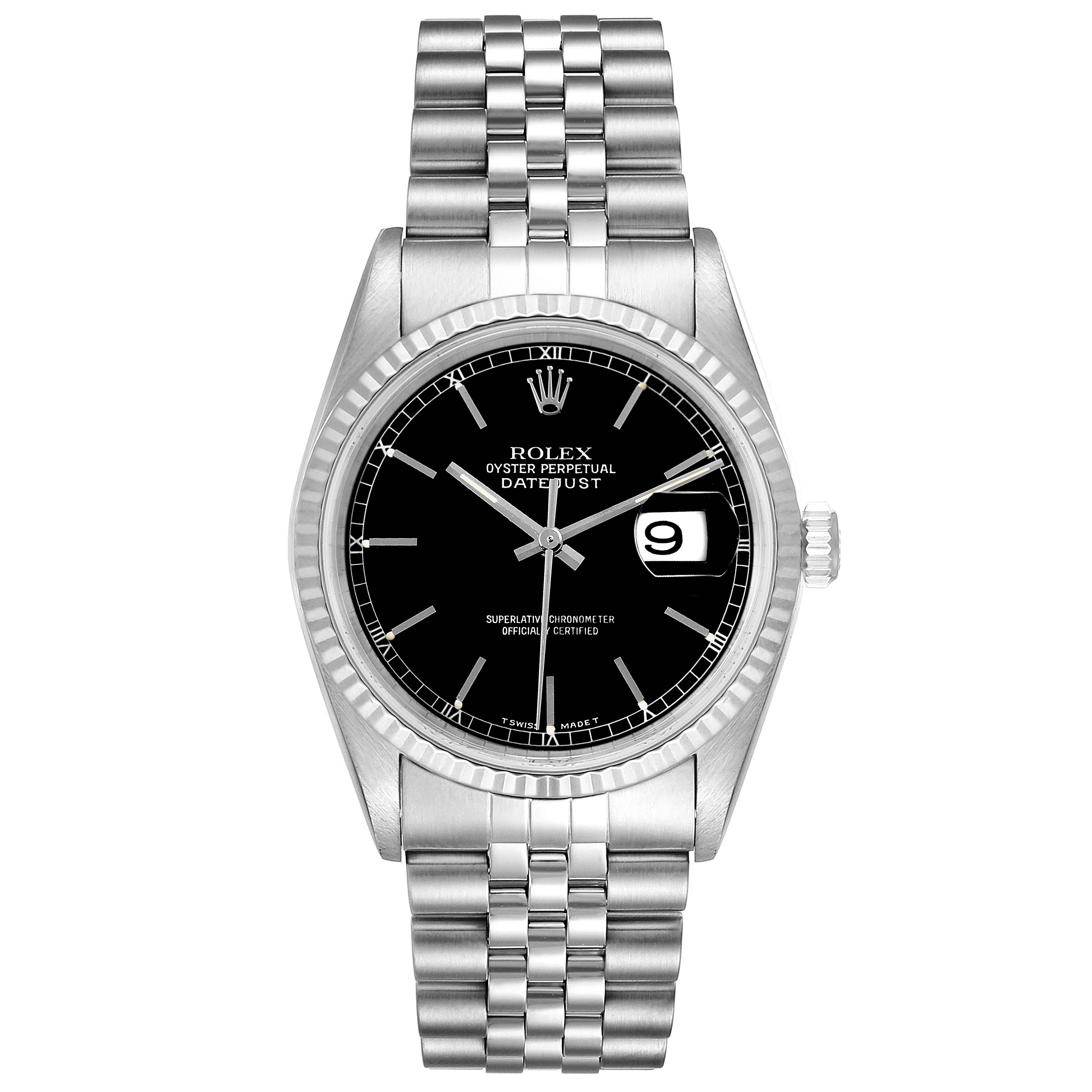 This image shows a front view of a Rolex Datejust 16234 Men
s Stainless Steel Black Dial 16234 Men
s Stainless Steel Black Dial watch, highlighting its face, bezel, and bracelet.