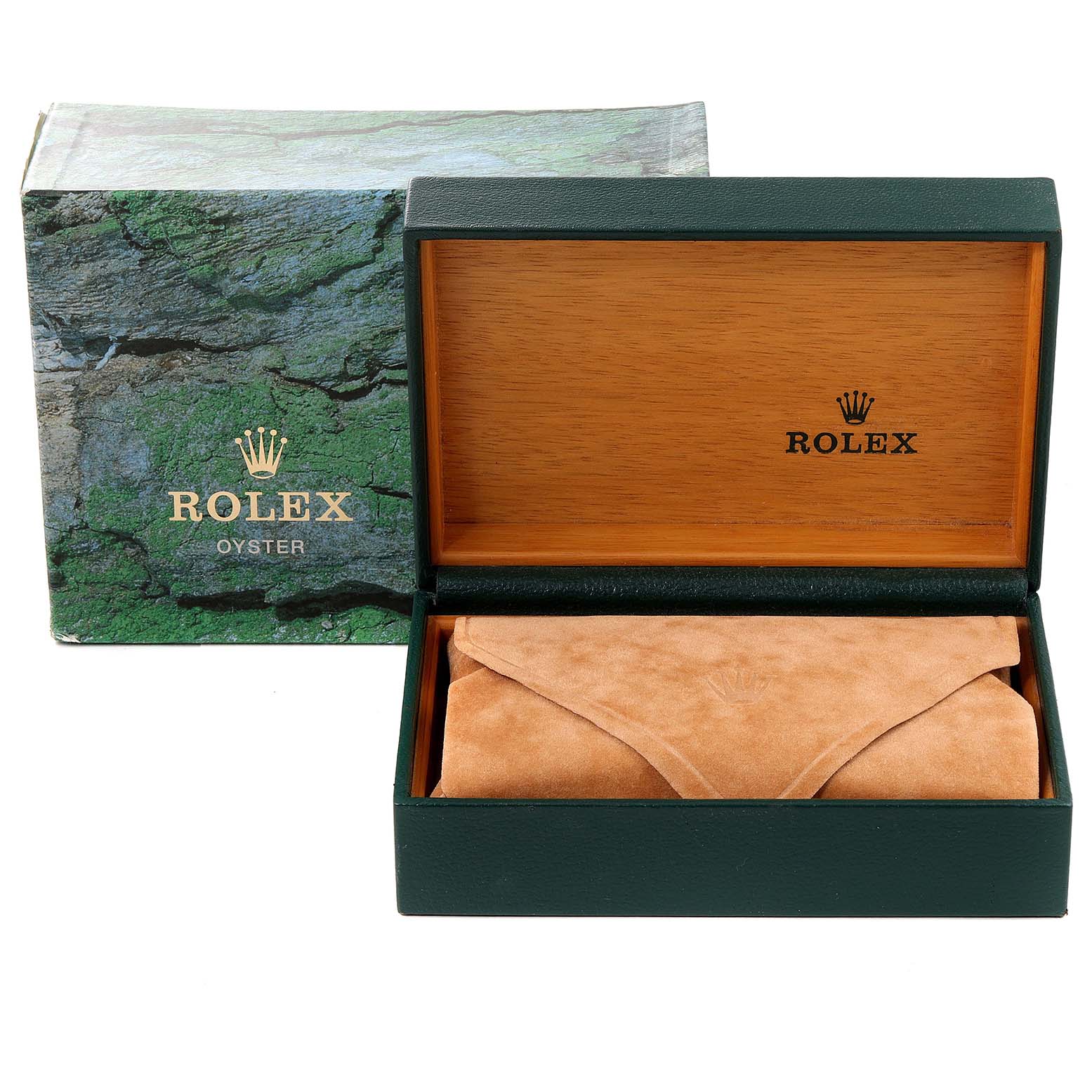 This image shows an open Rolex Datejust 16234 Men
s Stainless Steel Black Dial 16234 Men
s Stainless Steel Black Dial watch box alongside its outer packaging.