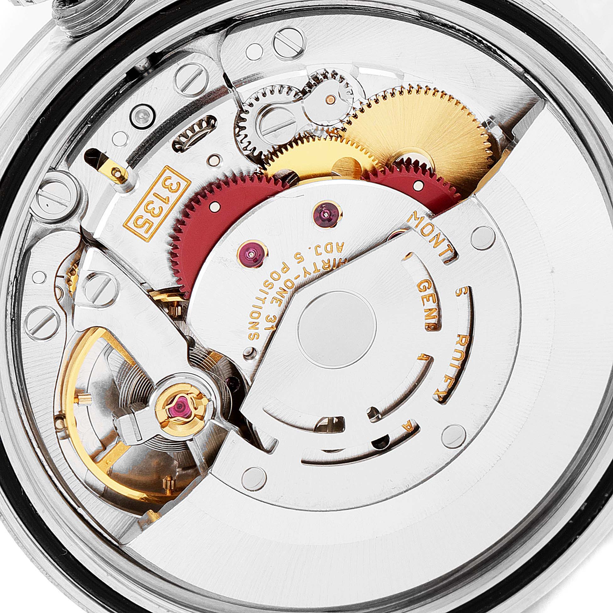 This image shows a close-up, detailed view of the Rolex Datejust 16234 Men
s Stainless Steel Black Dial 16234 Men
s Stainless Steel Black Dial watch
s internal movement and components.