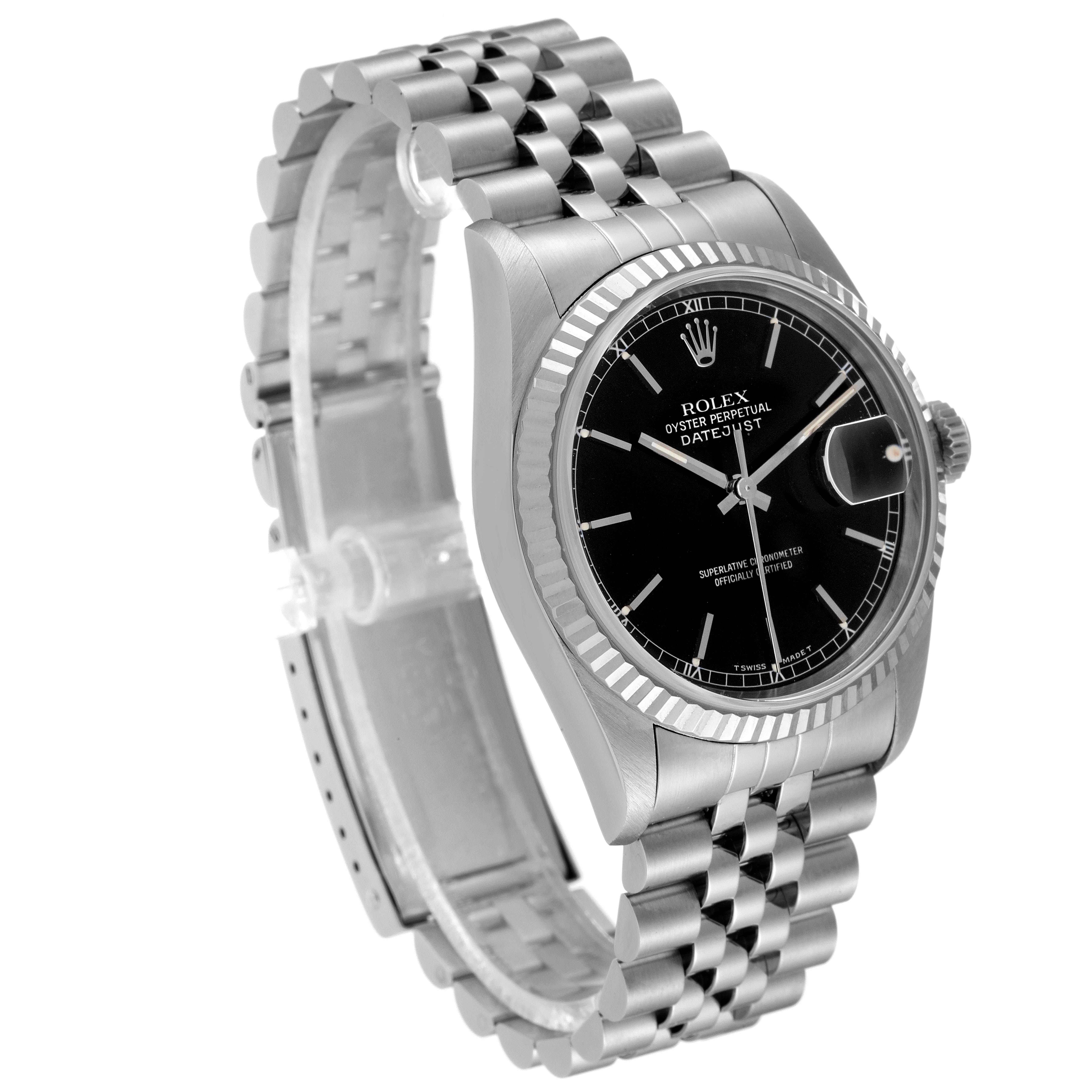 The Rolex Datejust 16234 Men
s Stainless Steel Black Dial 16234 Men
s Stainless Steel Black Dial watch is shown at an angled view, displaying its bracelet, black dial, case, and fluted bezel.
