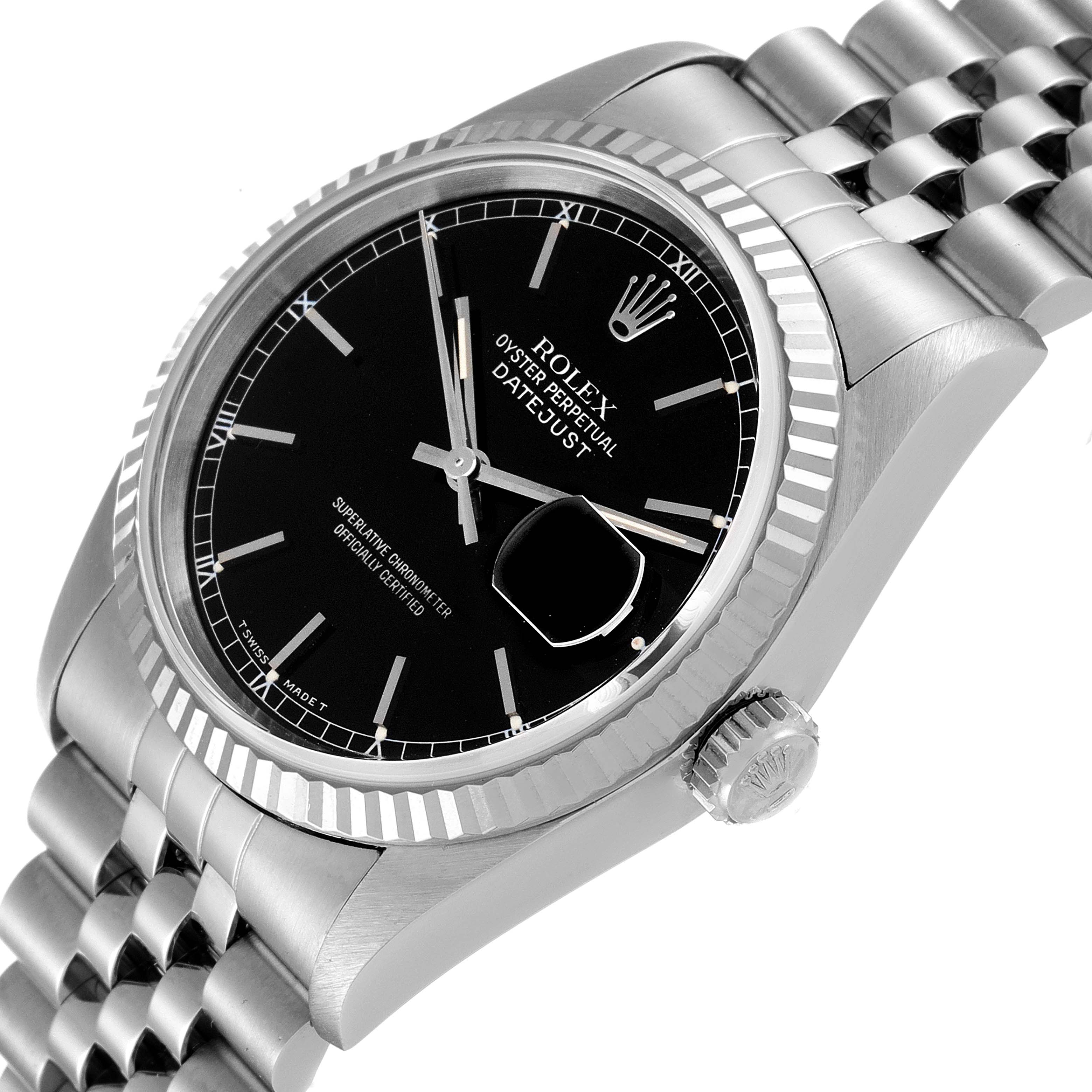 This image shows a side angle of the Rolex Datejust 16234 Men
s Stainless Steel Black Dial 16234 Men
s Stainless Steel Black Dial watch, highlighting the crown, bezel, black dial, and bracelet.