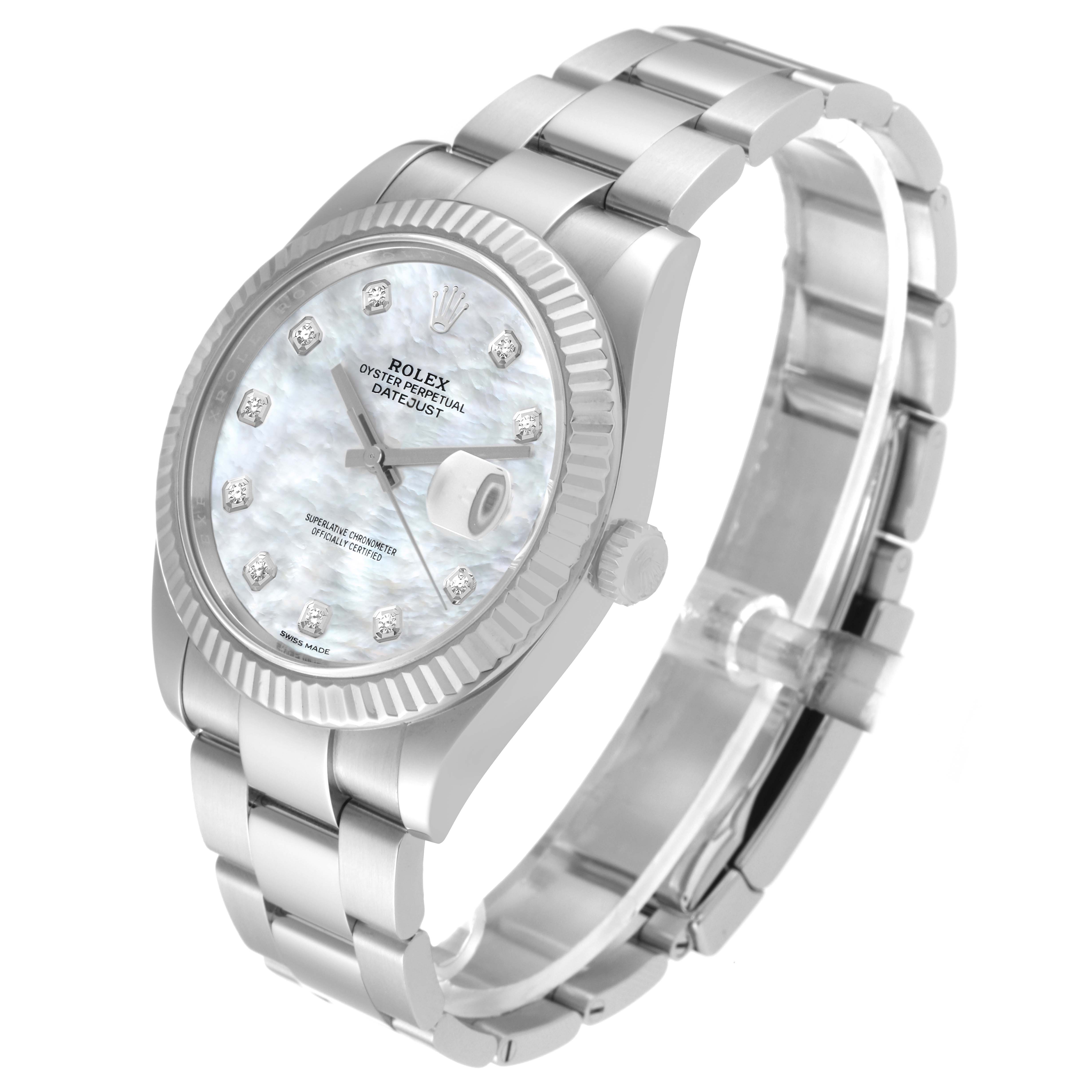 The image shows a Rolex Datejust 41 126334 Men
s Stainless Steel Mother of Pearl Dial 126334 Men
s Stainless Steel Mother of Pearl Dial watch at a three-quarter angle highlighting its face, bezel, and bracelet.