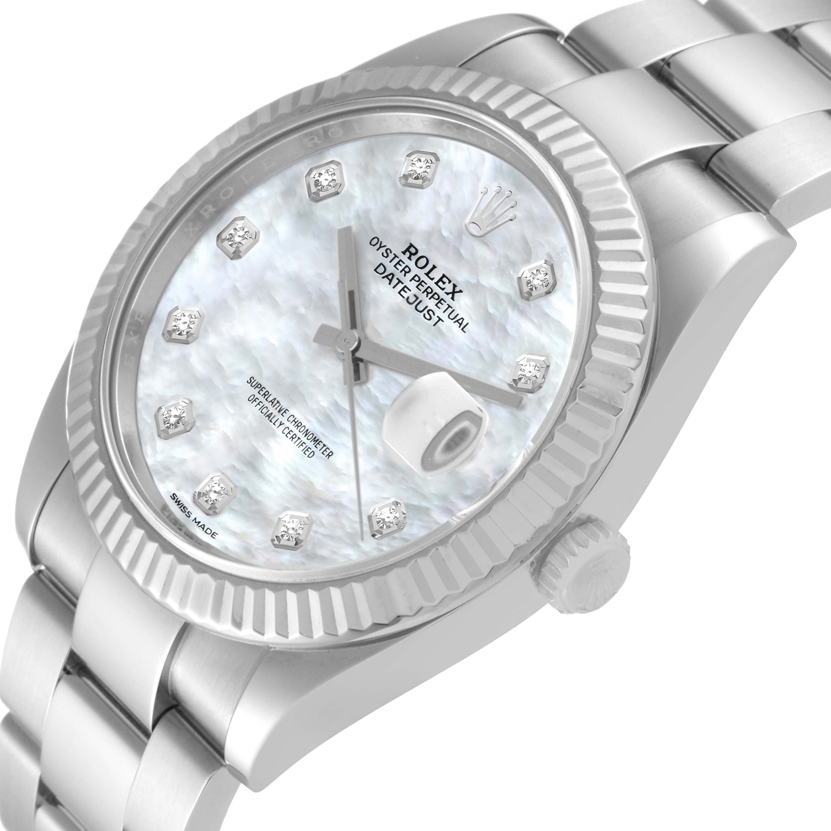 This image shows a close-up, angled view of the dial, bezel, and part of the band of the Rolex Datejust 41 126334 Men
s Stainless Steel Mother of Pearl Dial 126334 Men
s Stainless Steel Mother of Pearl Dial watch.