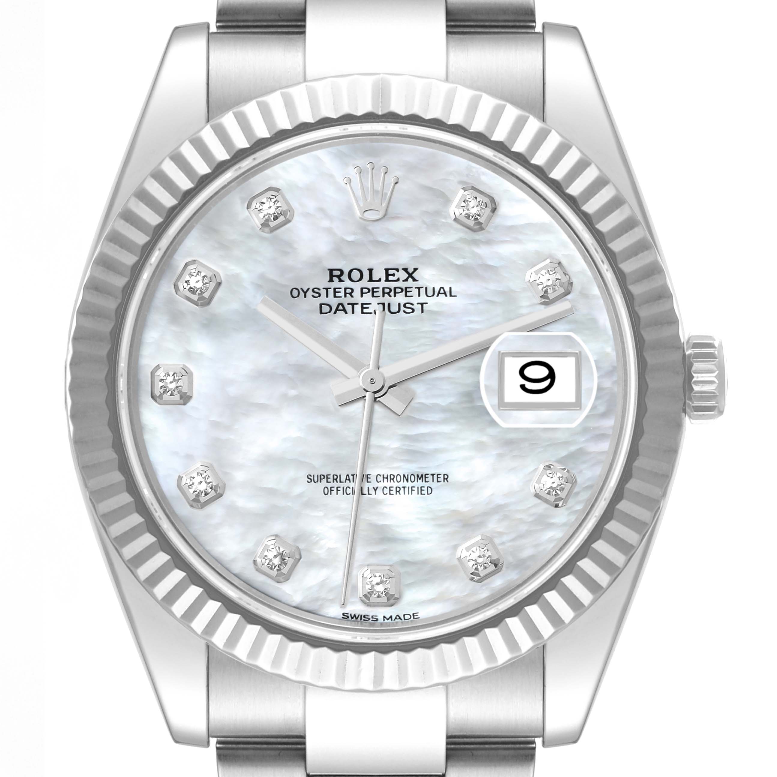 The Rolex Datejust 41 126334 Men
s Stainless Steel Mother of Pearl Dial 126334 Men
s Stainless Steel Mother of Pearl Dial watch is shown from a front angle, highlighting the dial, bezel, and part of the bracelet.