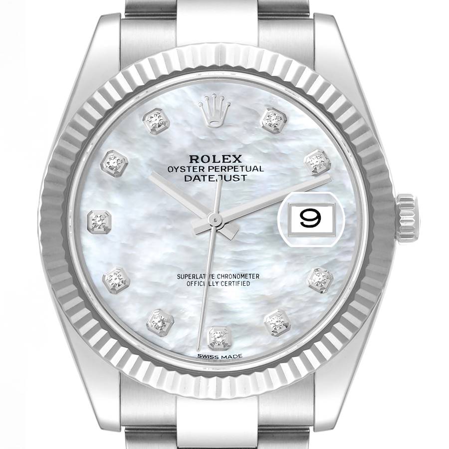 Rolex Datejust 41 Steel White Gold Mother Of Pearl Diamond Dial Mens Watch 126334 Box Card JUBILEE BRACELET SwissWatchExpo