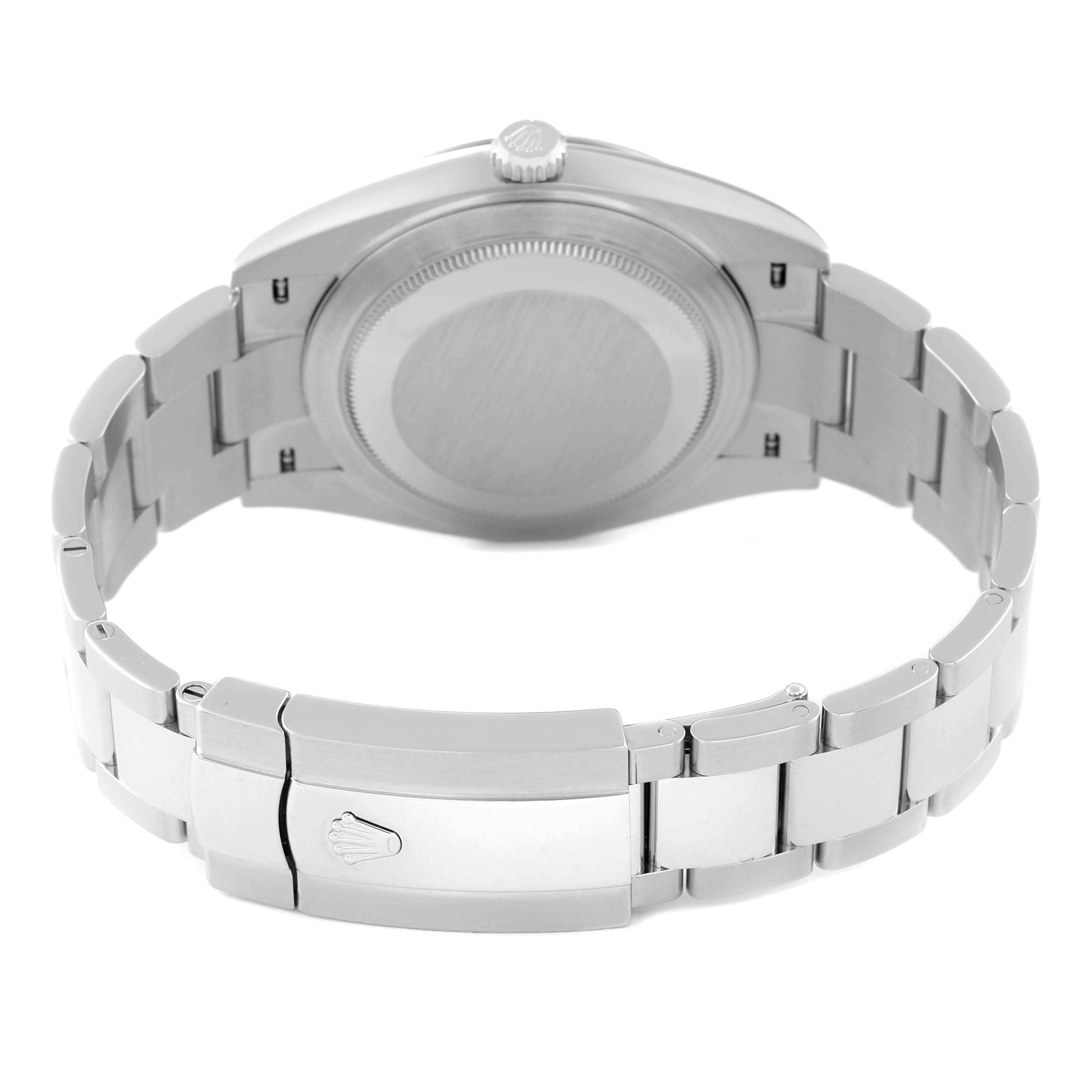 The image shows the back view of the Rolex Datejust 41 126334 Men
s Stainless Steel Mother of Pearl Dial 126334 Men
s Stainless Steel Mother of Pearl Dial watch, focusing on the case back and the bracelet with the clasp.