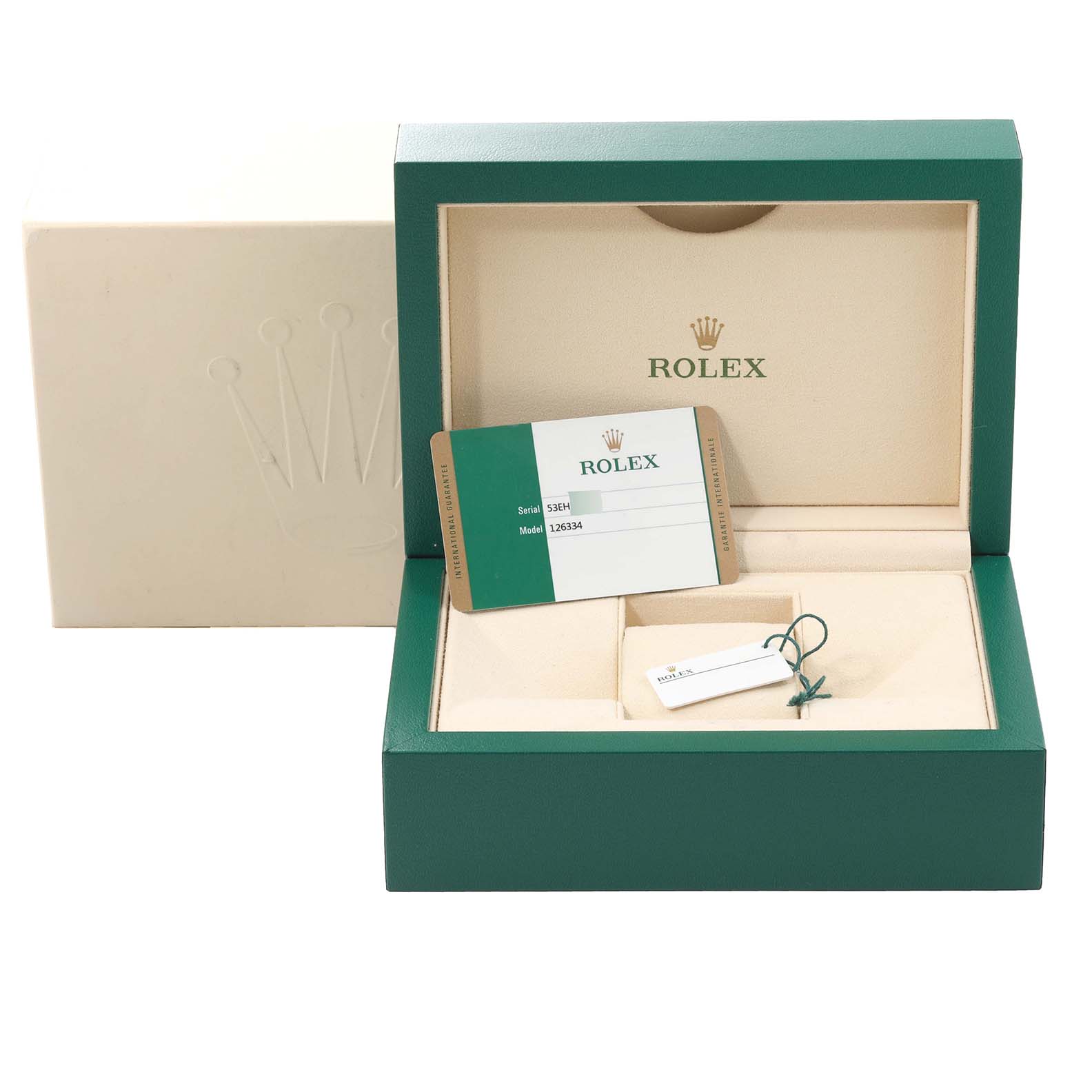 This image shows the packaging and accessories for a Rolex Datejust 41 126334 Men
s Stainless Steel Mother of Pearl Dial 126334 Men
s Stainless Steel Mother of Pearl Dial, including the box, warranty card, and tag.