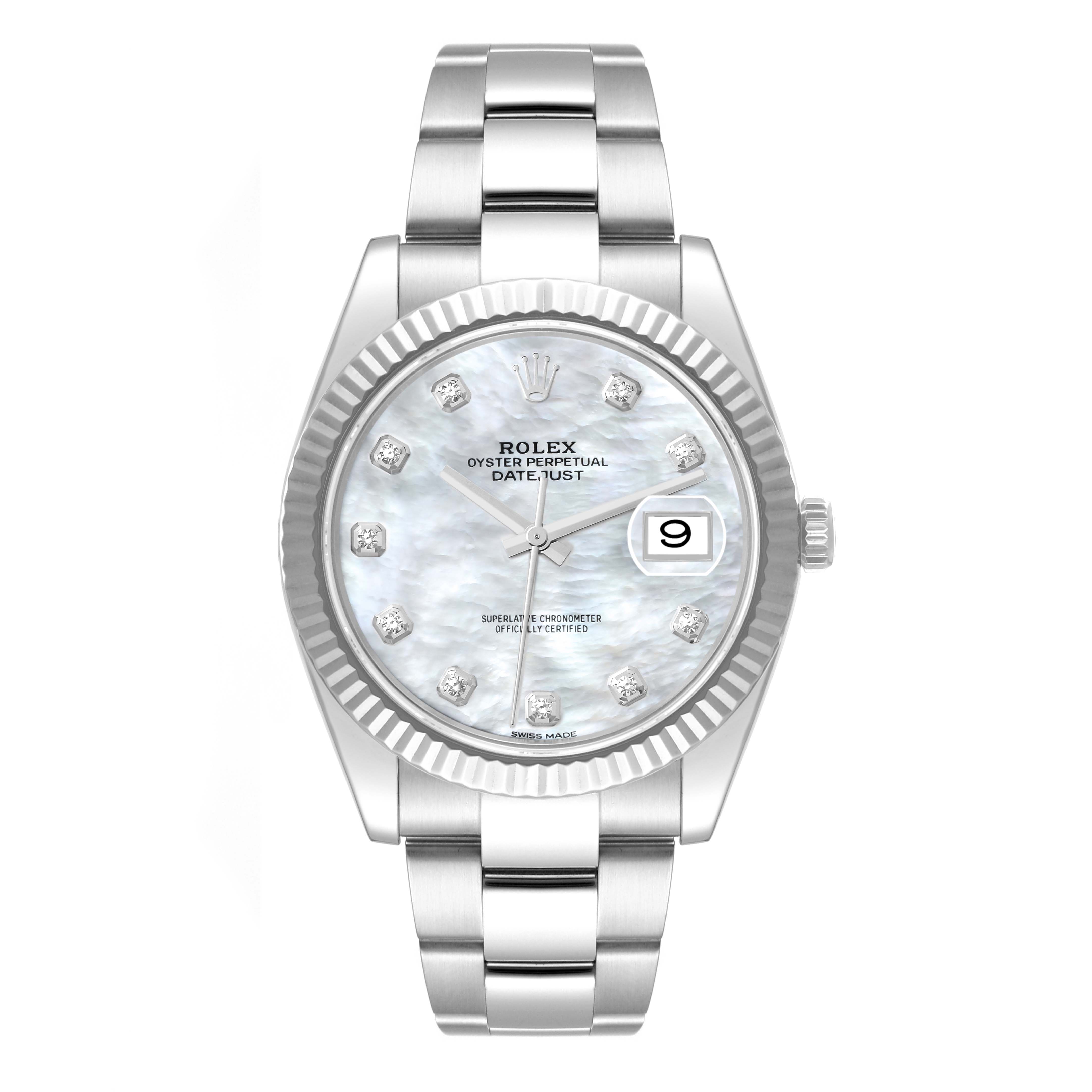 The image shows a front view of a Rolex Datejust 41 126334 Men
s Stainless Steel Mother of Pearl Dial 126334 Men
s Stainless Steel Mother of Pearl Dial watch, featuring a silver bracelet, fluted bezel, and a mother-of-pearl dial with diamond markers.