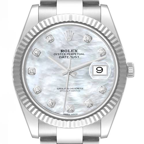 Photo of Rolex Datejust 41 Steel White Gold Mother Of Pearl Diamond Dial Mens Watch 126334 Box Card