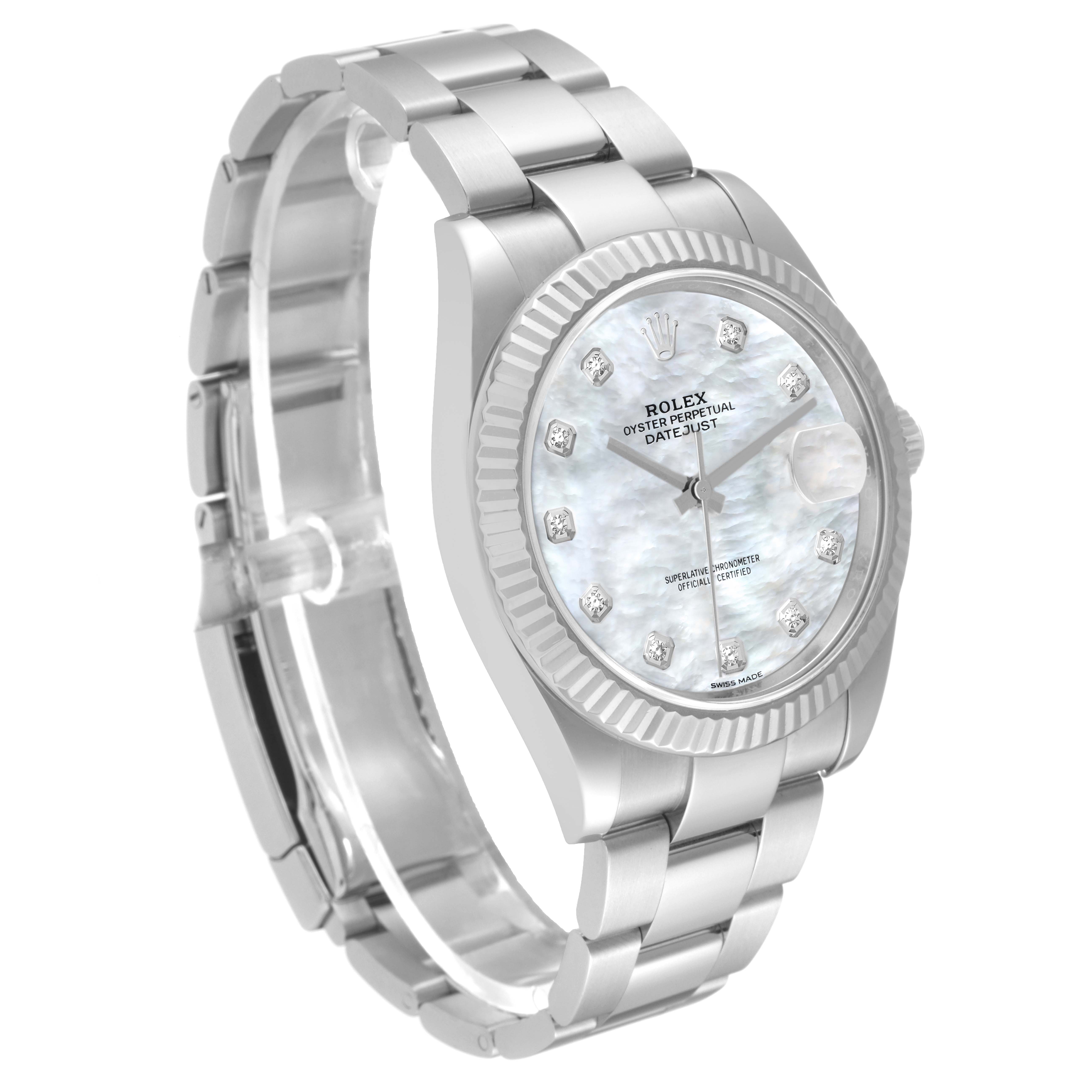 This image shows a Rolex Datejust 41 126334 Men
s Stainless Steel Mother of Pearl Dial 126334 Men
s Stainless Steel Mother of Pearl Dial watch from a three-quarter angle, showcasing its face, bezel, and bracelet.