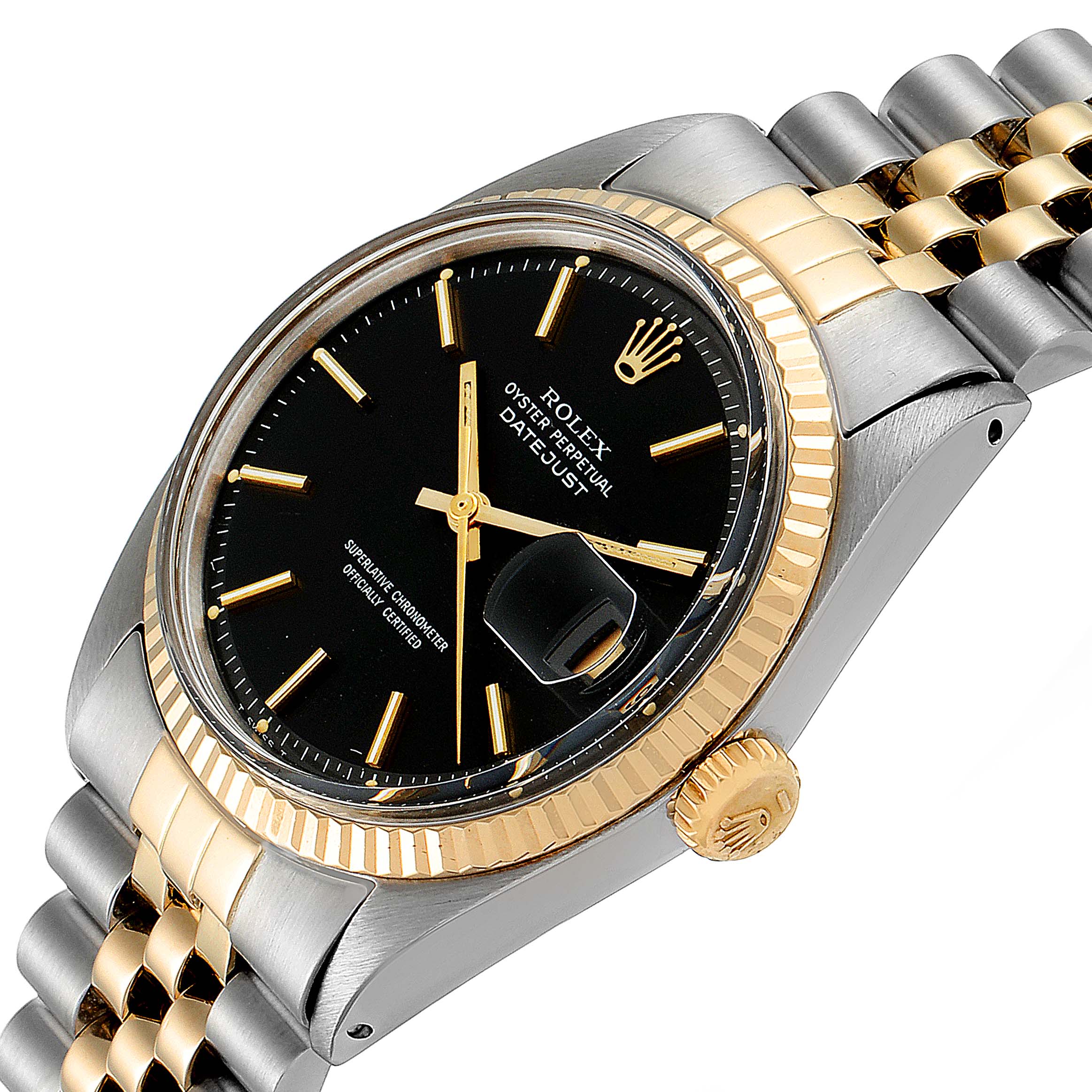 This image shows a Rolex Vintage Collection 1601 Men's Steel and Gold (two tone) Black Dial 1601 Men's Steel and Gold (two tone) Black Dial Datejust from a tilted angle highlighting its black dial, date window, and gold and steel bracelet.