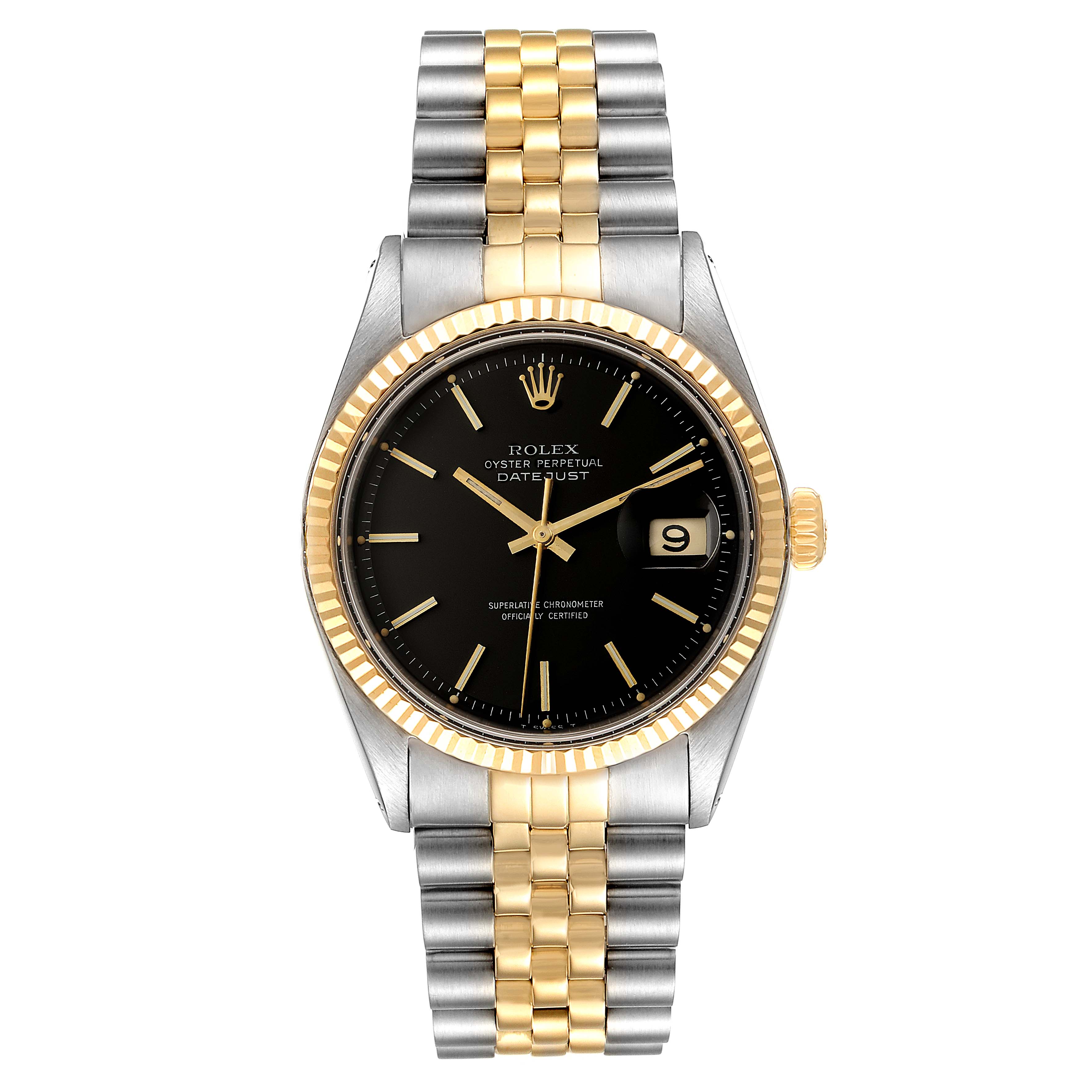 This is a front view of the Rolex Vintage Collection 1601 Men's Steel and Gold (two tone) Black Dial 1601 Men's Steel and Gold (two tone) Black Dial Datejust, showing the watch face, bezel, and bracelet.