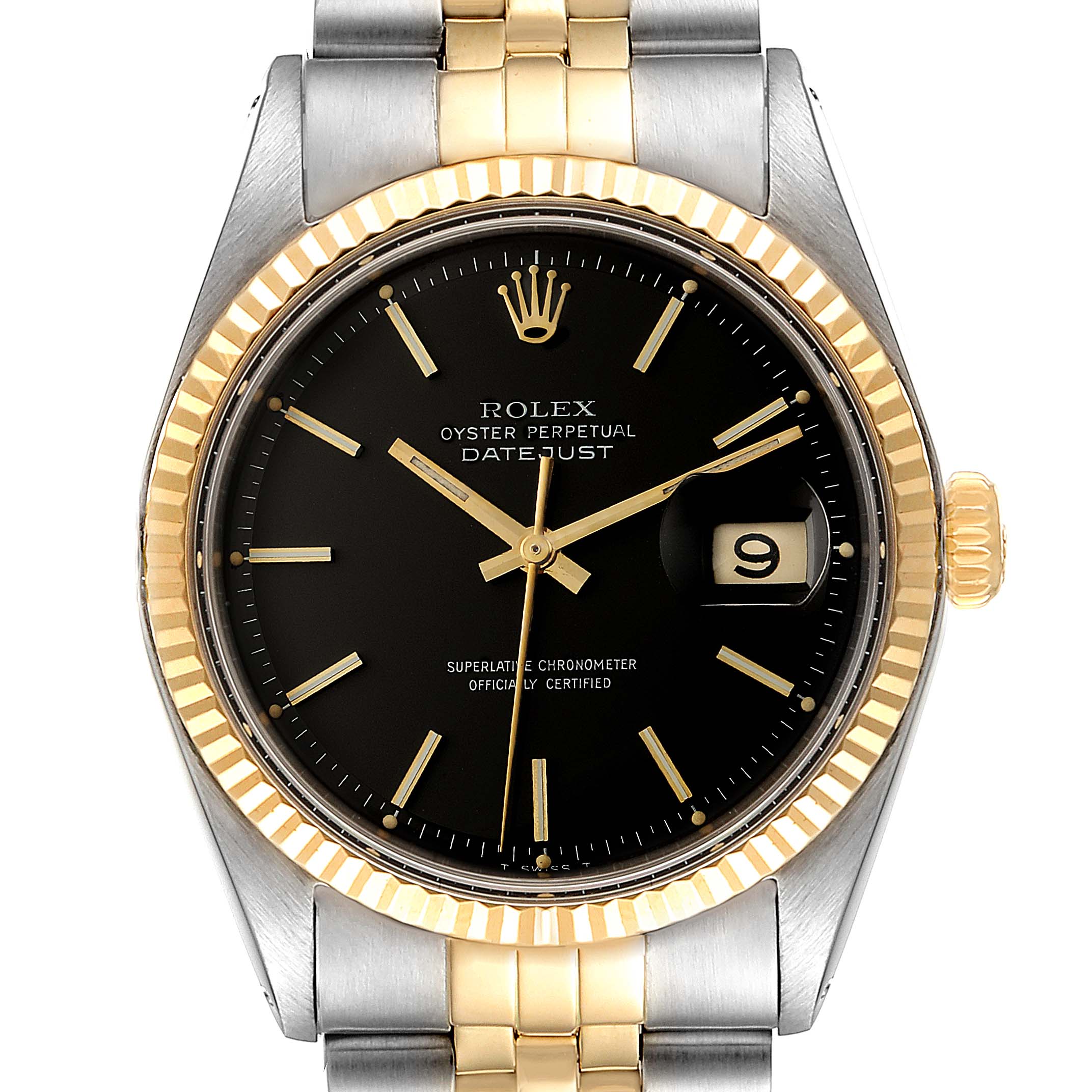 This image shows a frontal view of the Rolex Vintage Collection 1601 Men's Steel and Gold (two tone) Black Dial 1601 Men's Steel and Gold (two tone) Black Dial Datejust watch, highlighting the dial, crown, and bracelet.